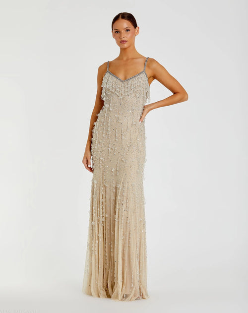 Beige V-Neck Column Gown with Fringe Embellishments - Mac Duggal