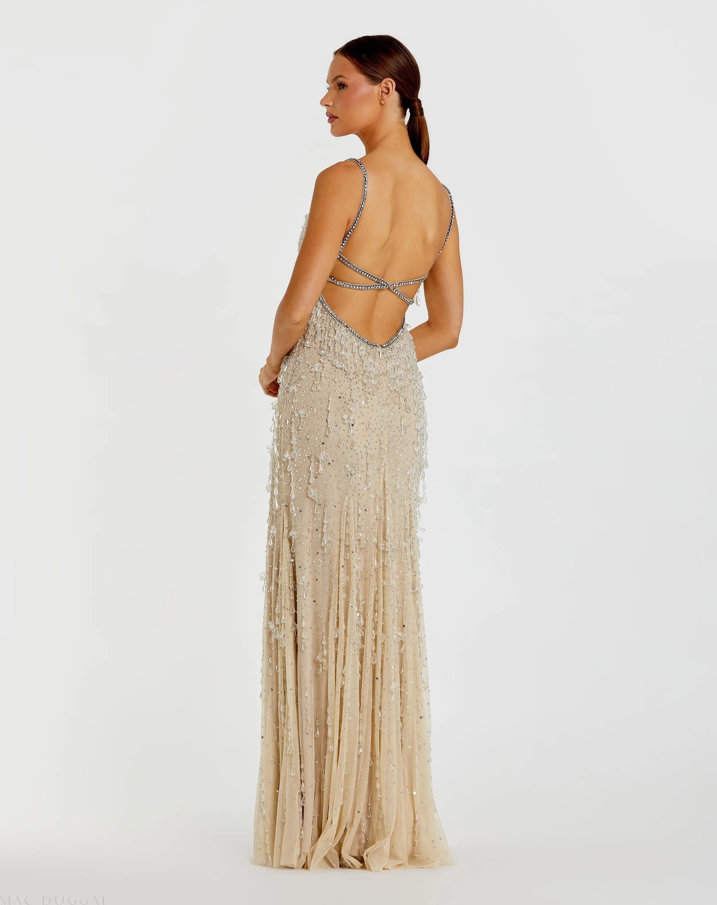 Beige V-Neck Column Gown with Fringe Embellishments - Mac Duggal