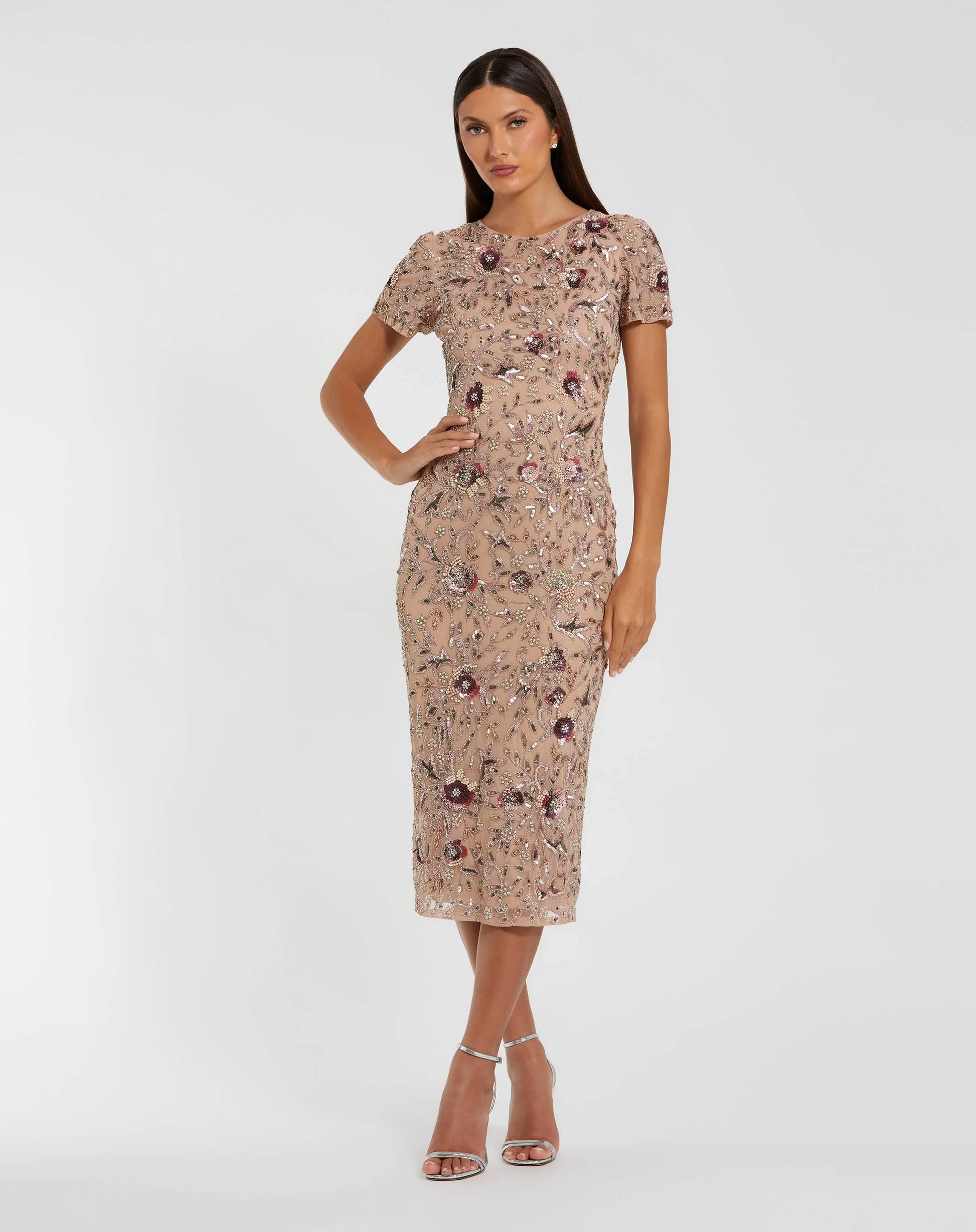 Beige Floral Embellished Short Sleeve Midi Dress | Mac Duggal Beige Floral Embellished Short Sleeve Midi Dress | Mac Duggal