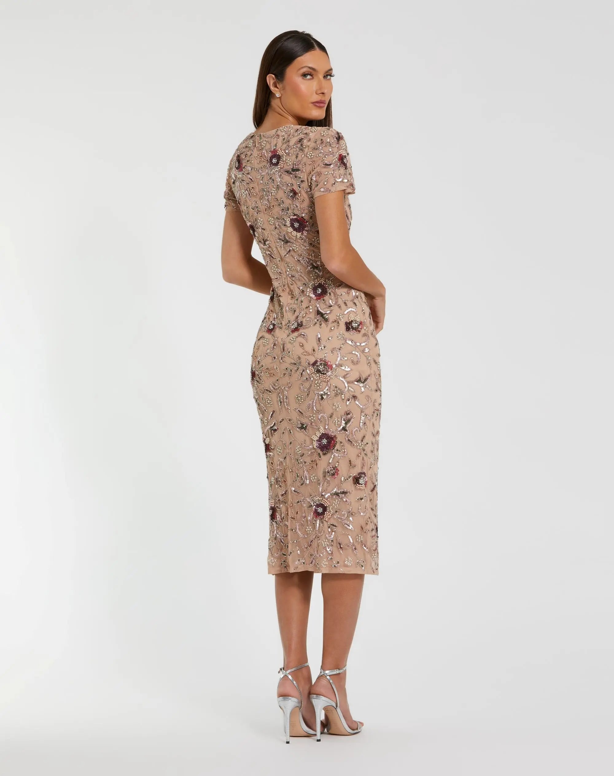 Beige Floral Embellished Short Sleeve Midi Dress Mac Duggal