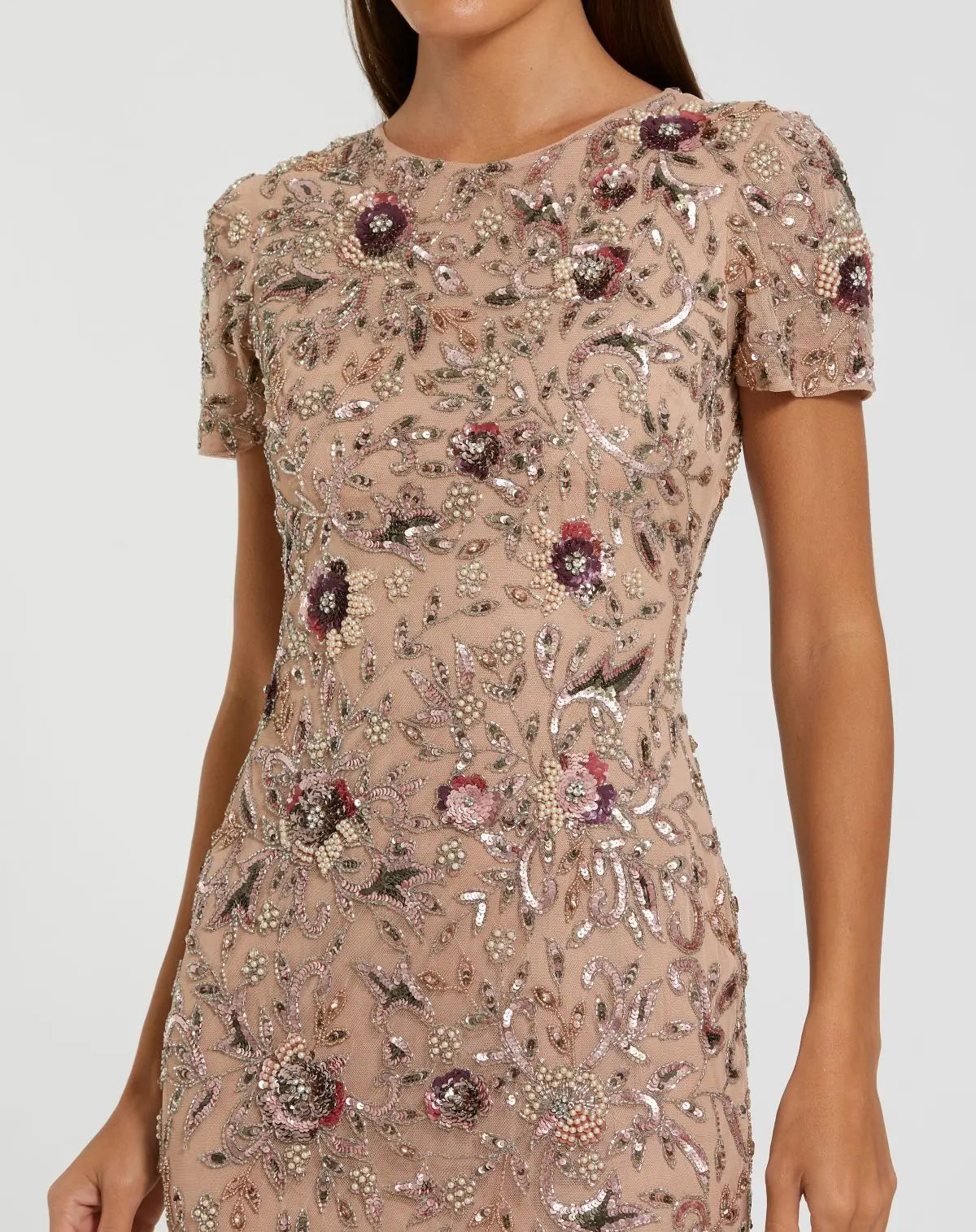 Beige Floral Embellished Short Sleeve Midi Dress Mac Duggal