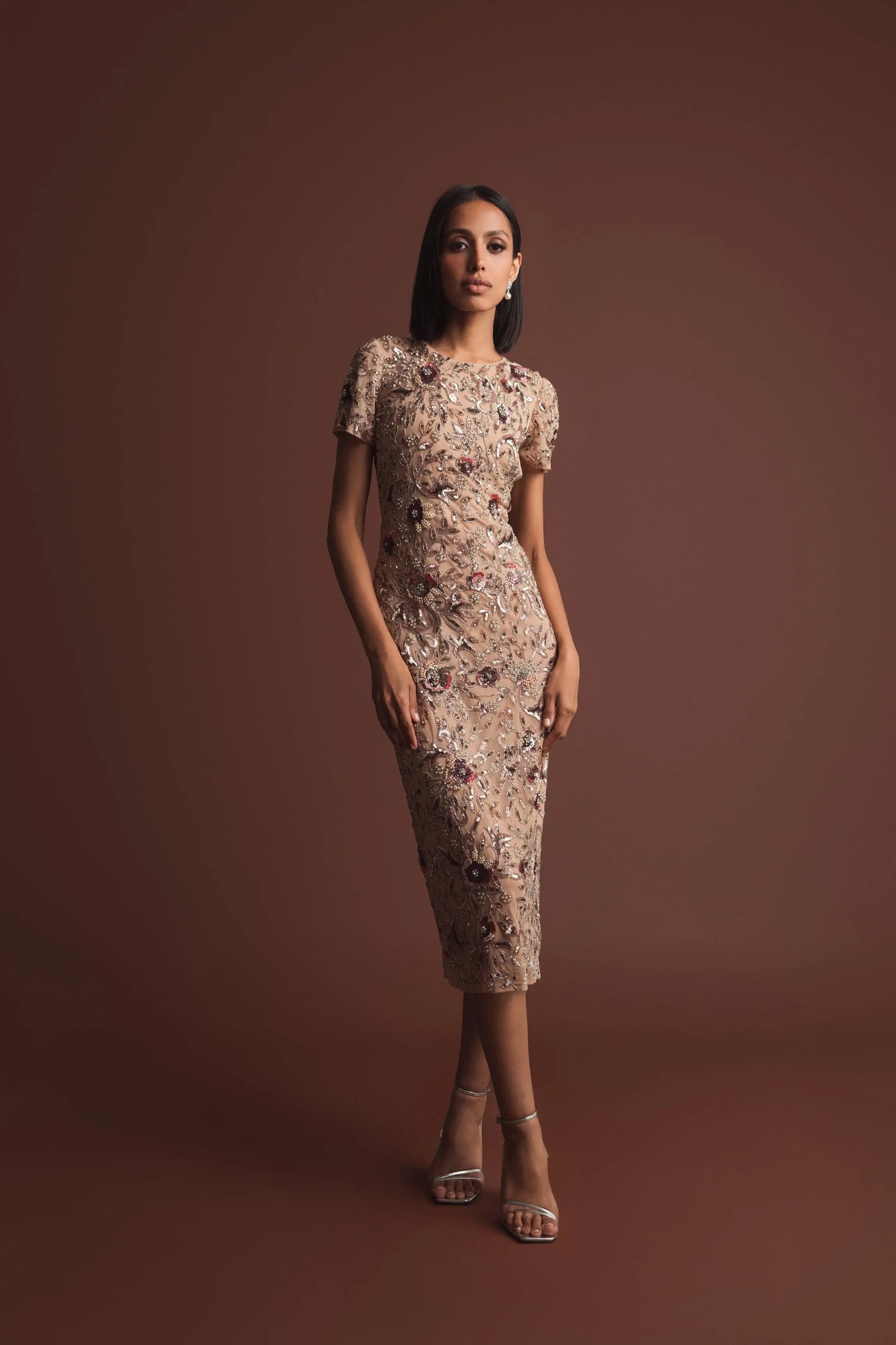 Beige Floral Embellished Short Sleeve Midi Dress - Mac Duggal