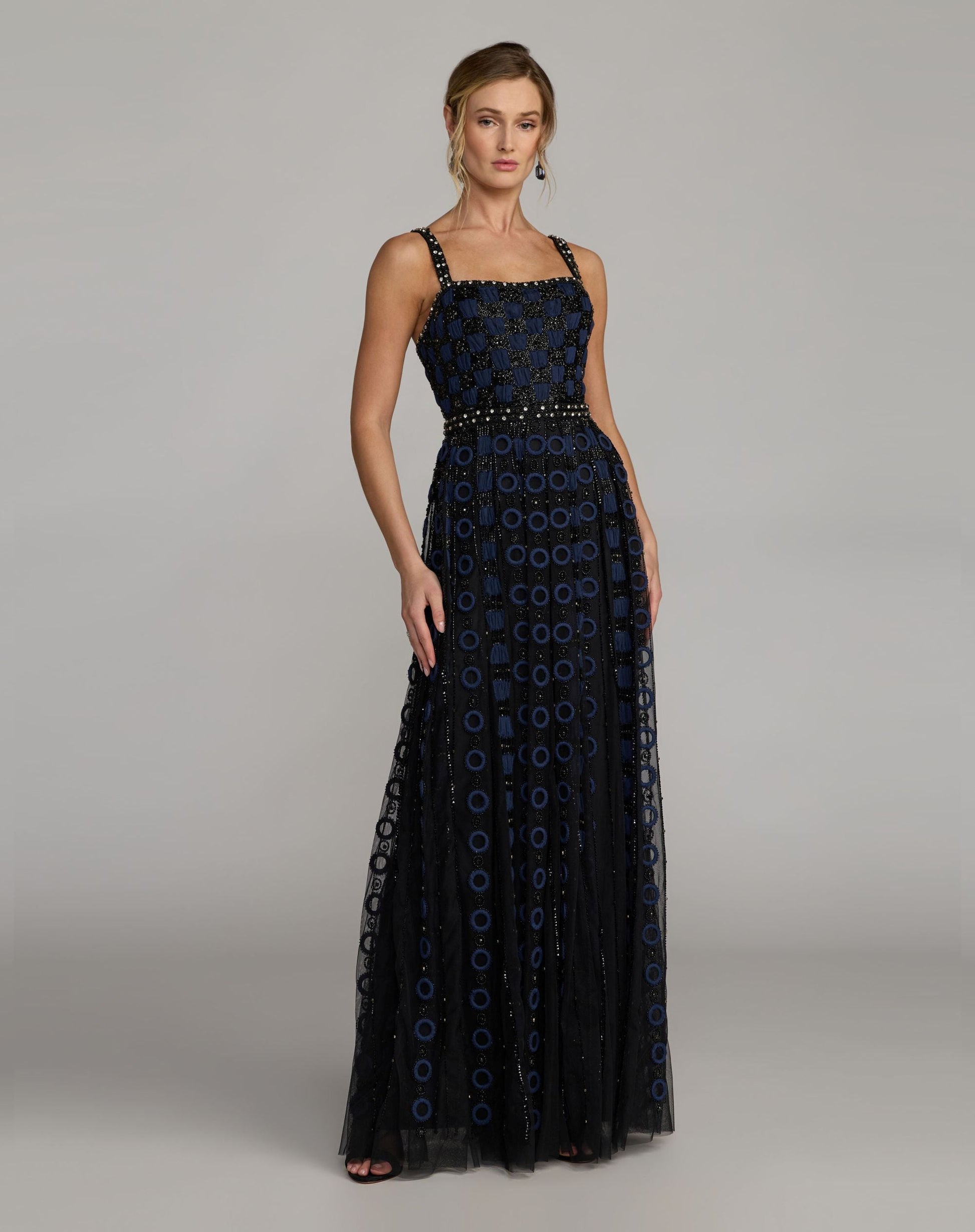 Black and Navy Sleeveless Embellished A-line Gown Mac Duggal