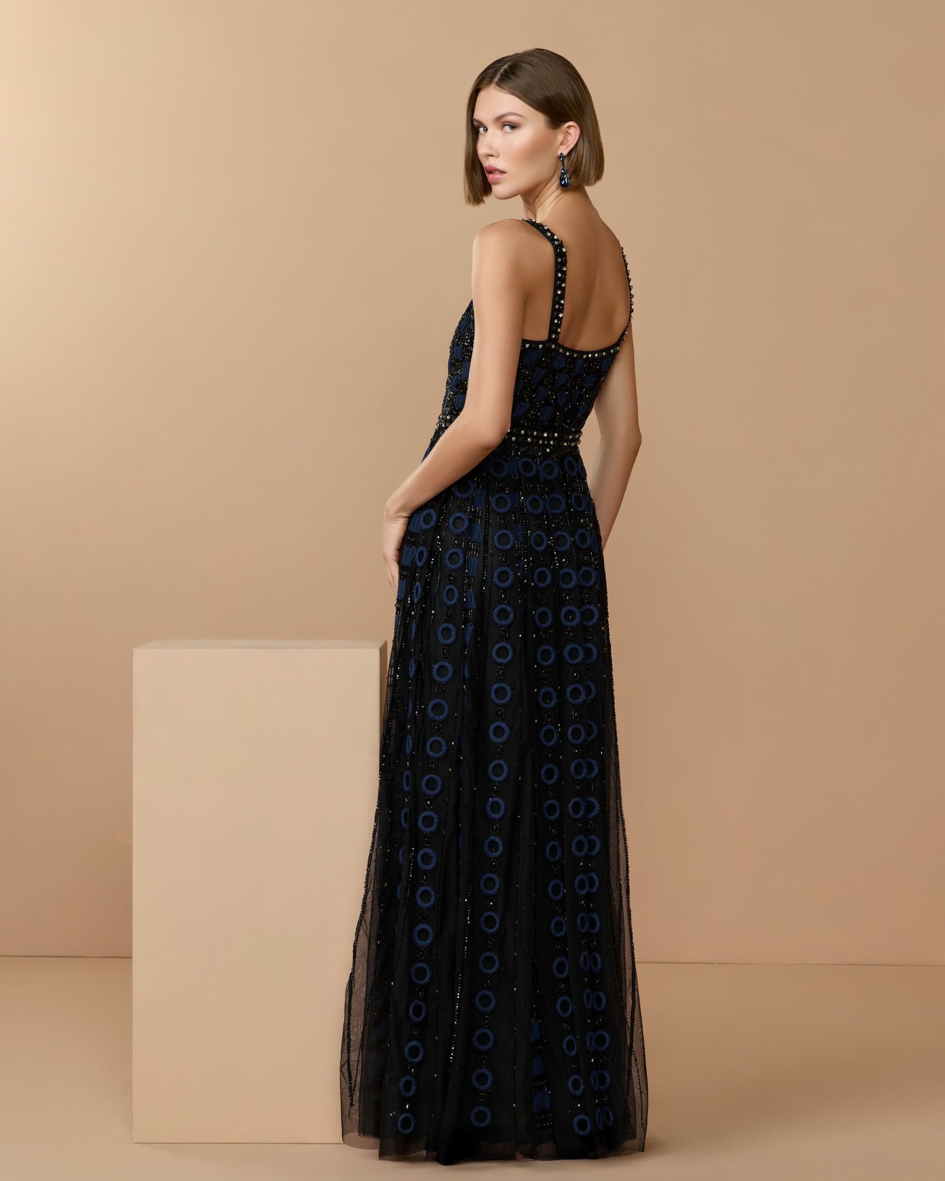 Black and Navy Sleeveless Embellished A-line Gown - Mac Duggal