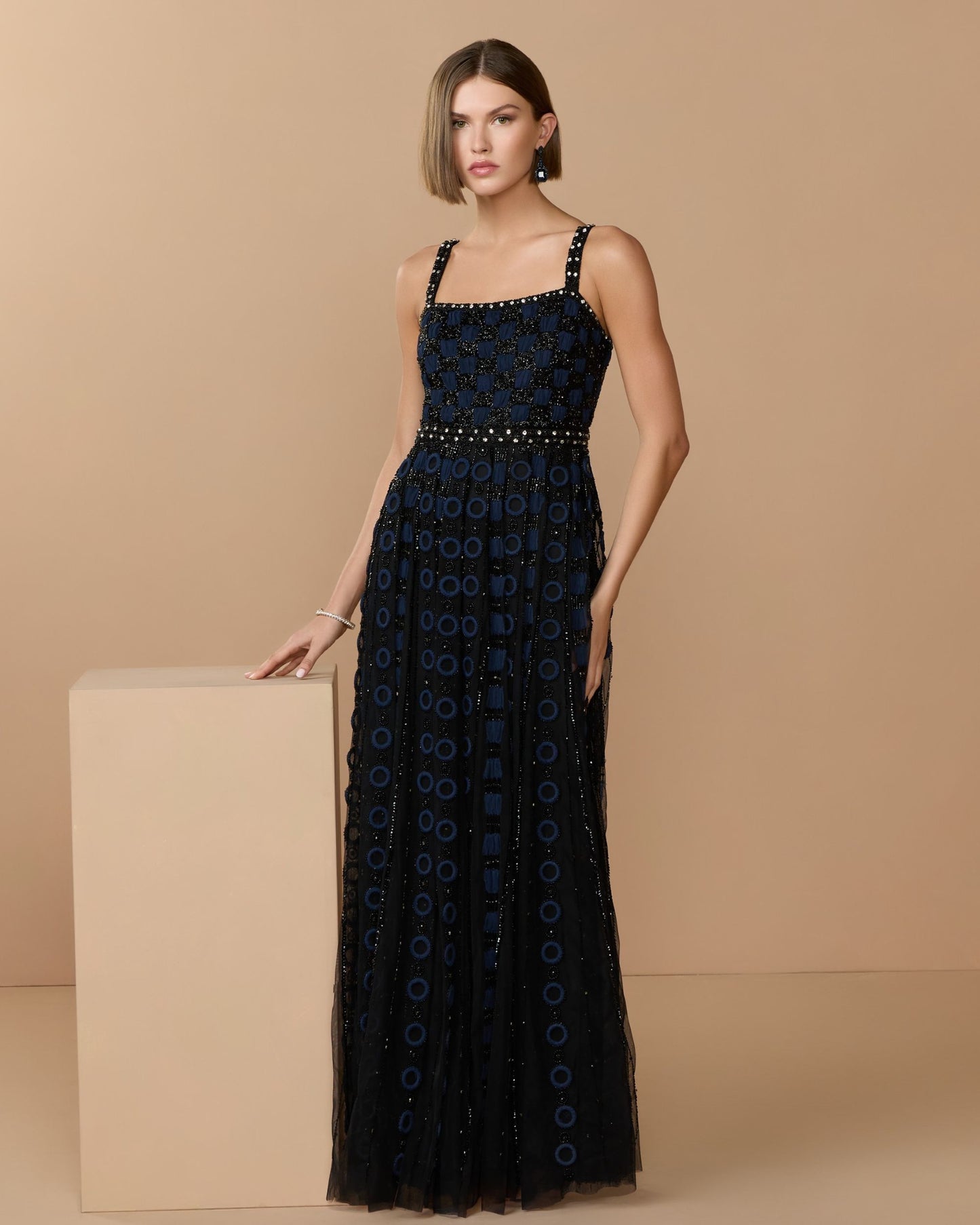 Black and Navy Sleeveless Embellished A-line Gown - Mac Duggal