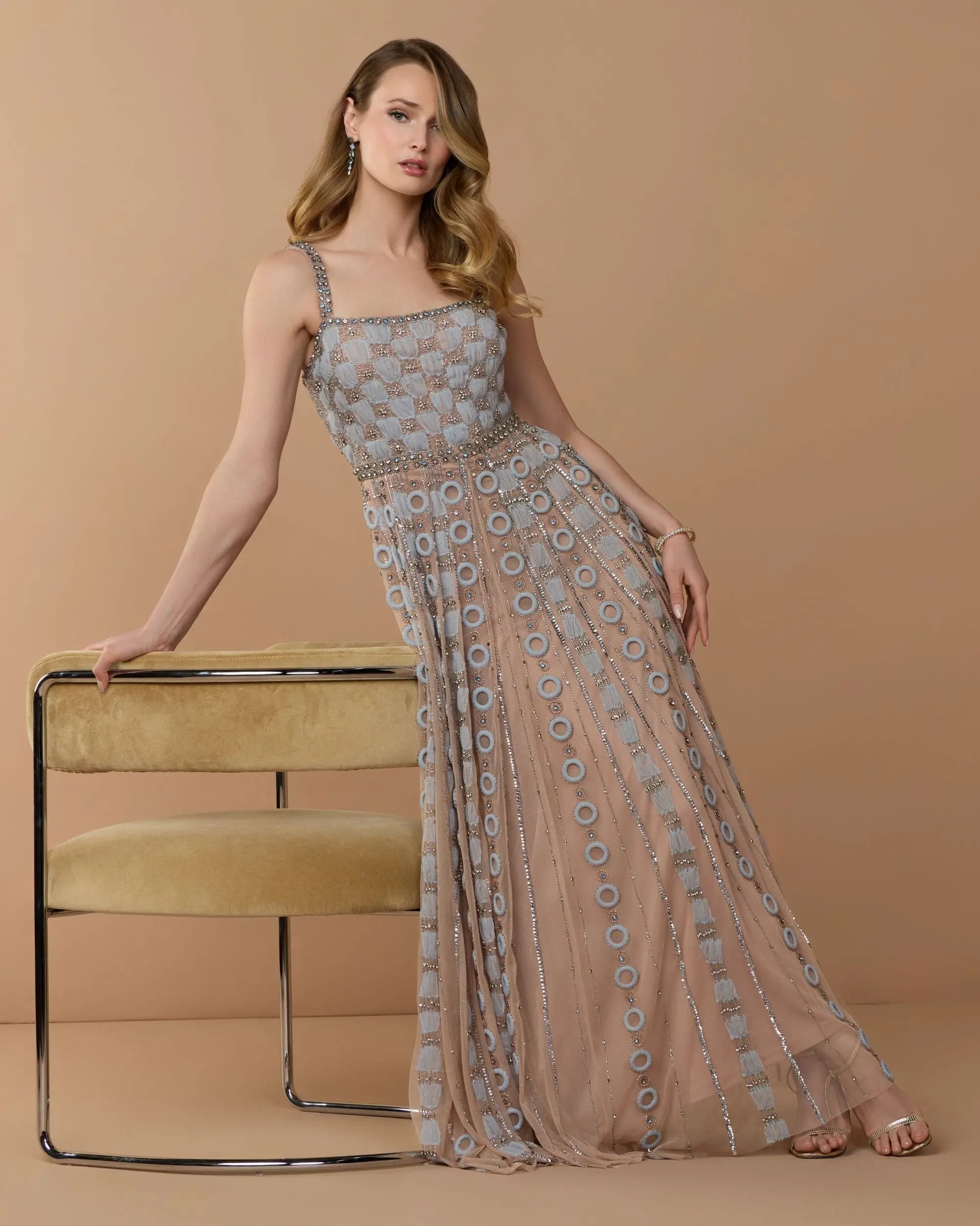 Blue Rhinestone Embellished Sweetheart Neck A-Line Gown