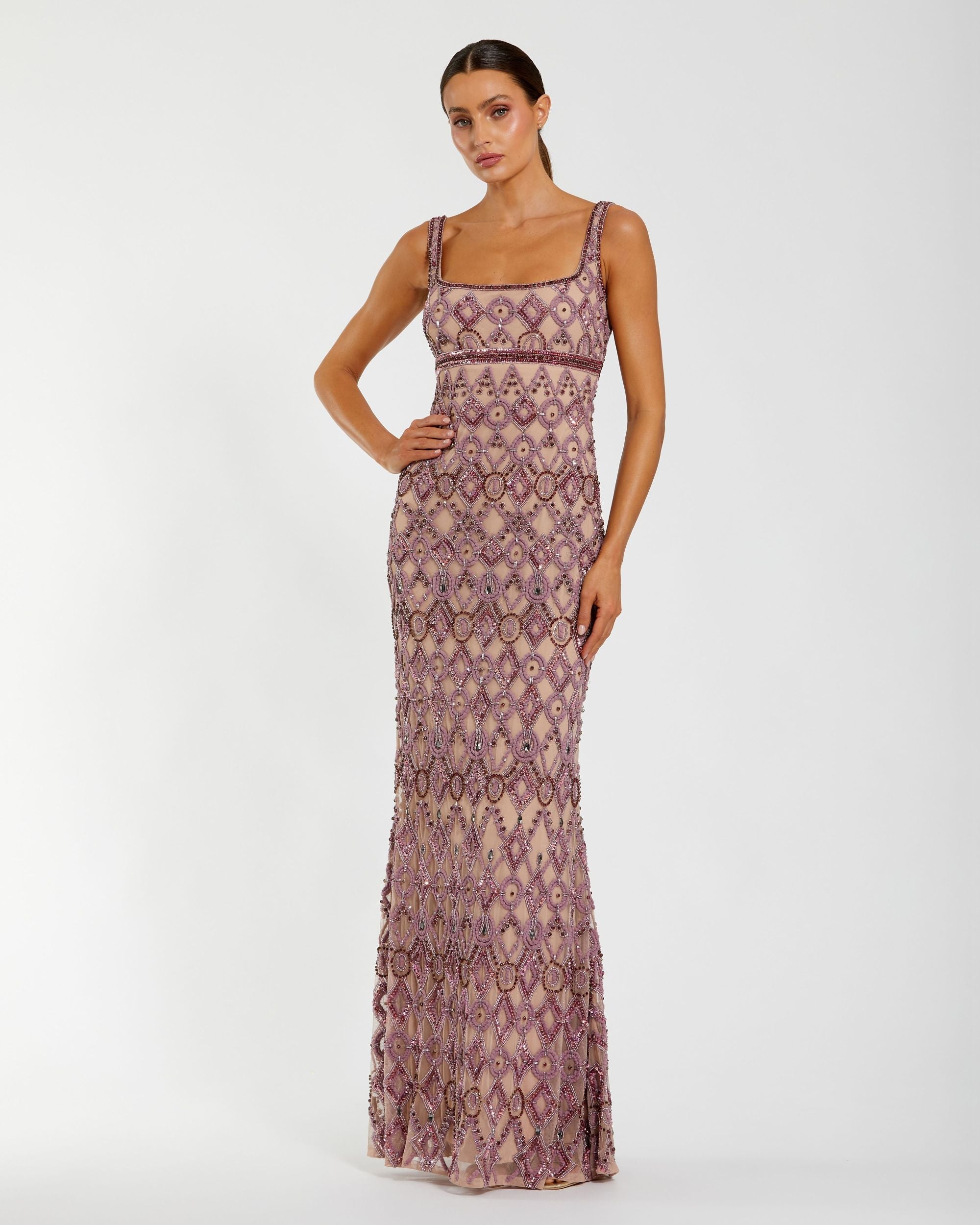 Pink Beaded Art Deco Column Gown Mac Duggal