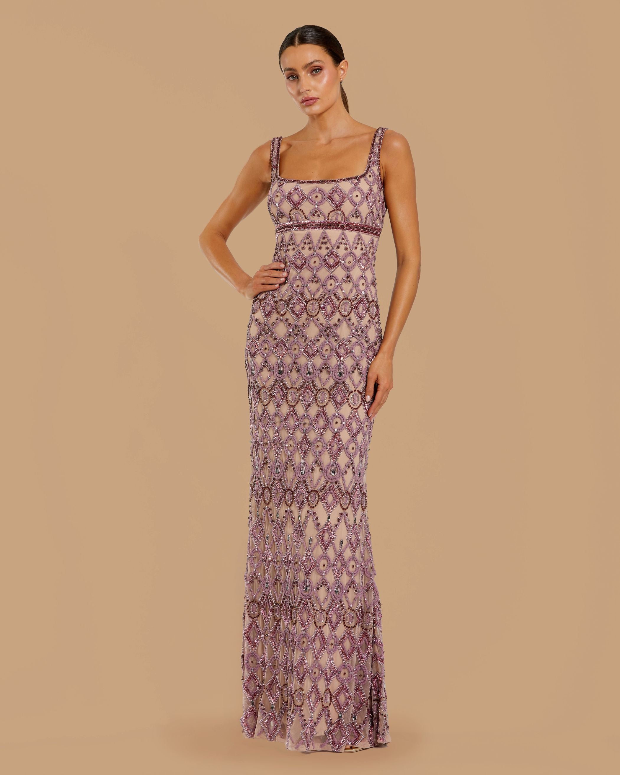 Pink Beaded Art Deco Column Gown Mac Duggal