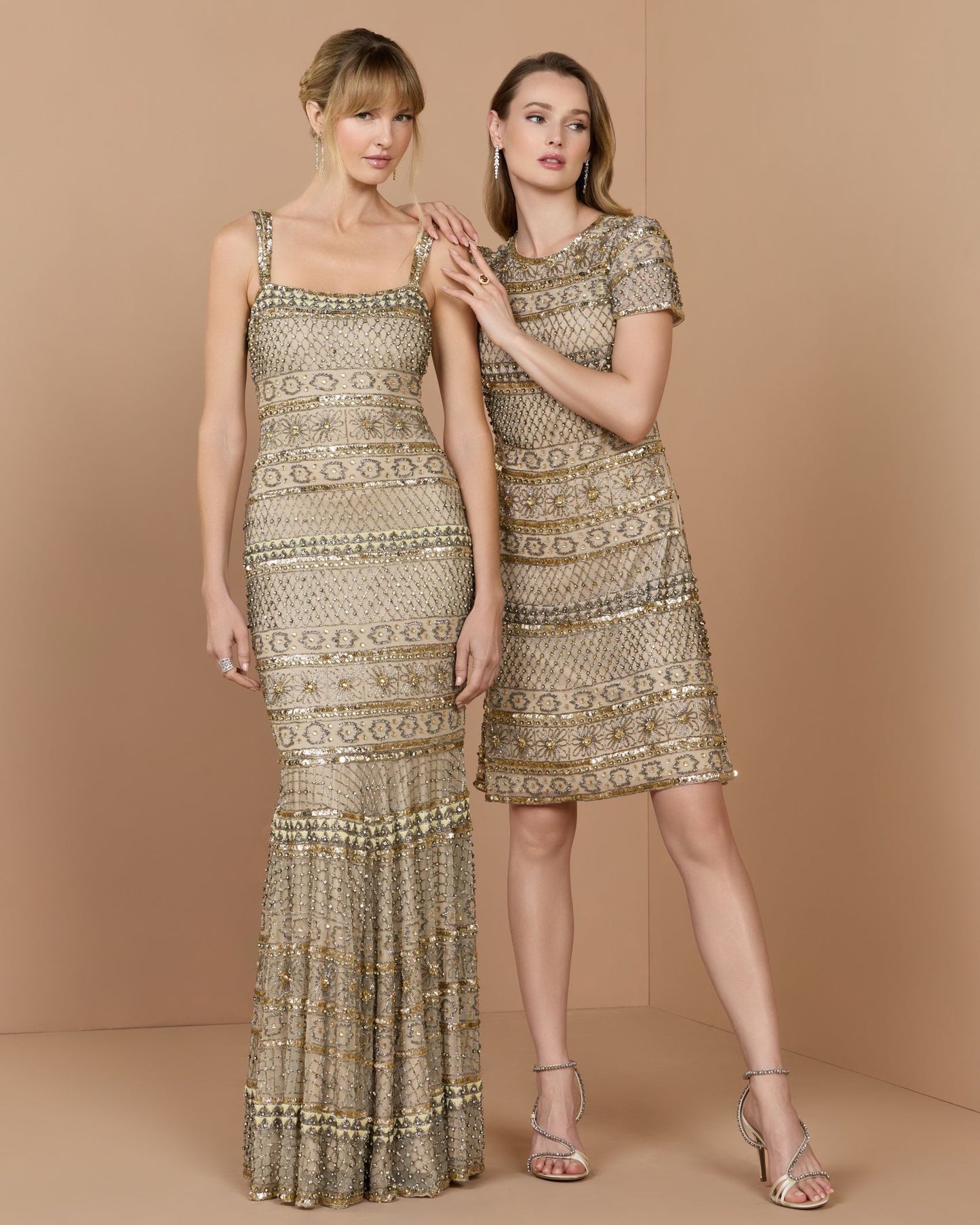 Gold Short Sleeve Embellished Mini Dress - Mac Duggal