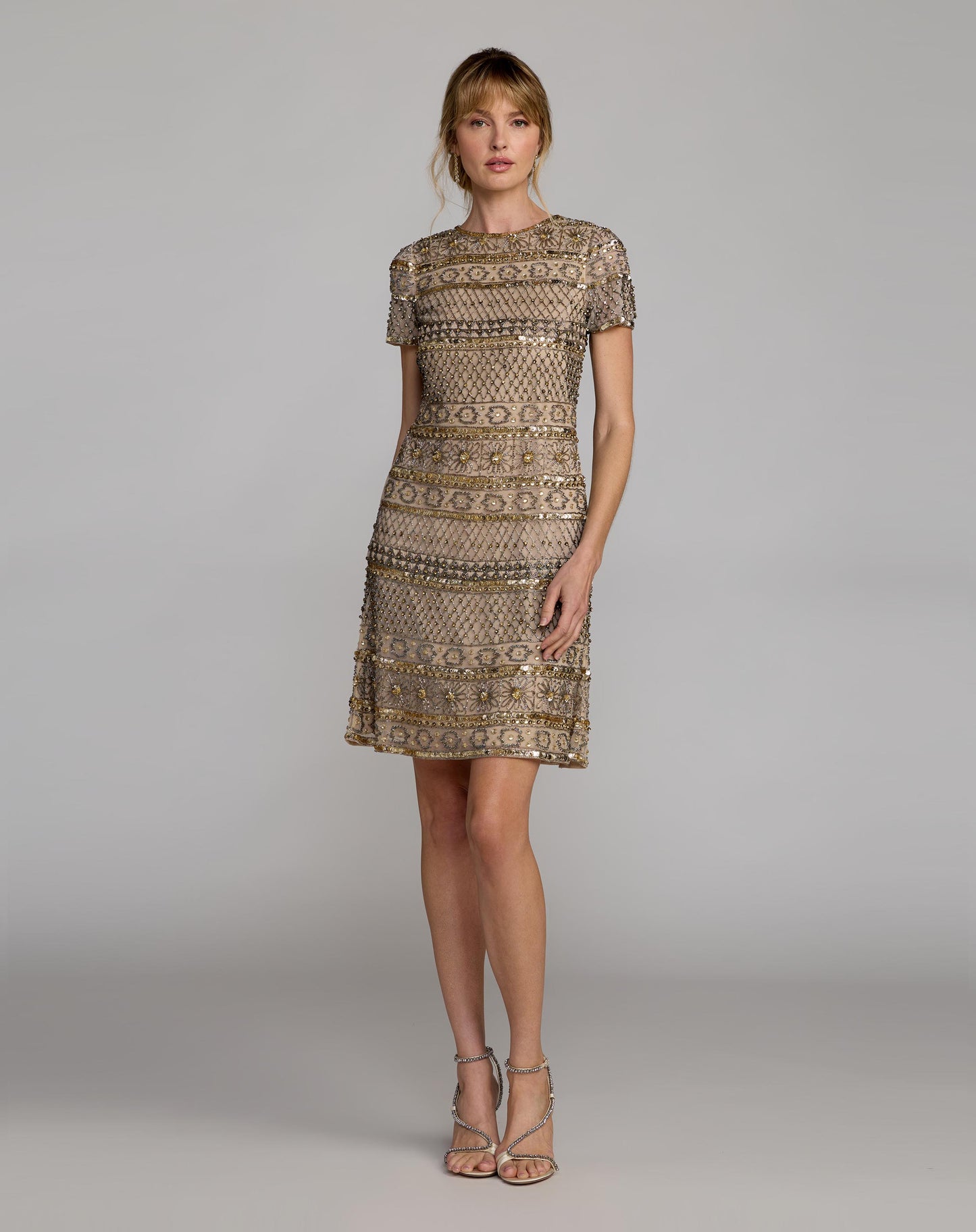 Gold Short Sleeve Embellished Mini Dress - Mac Duggal