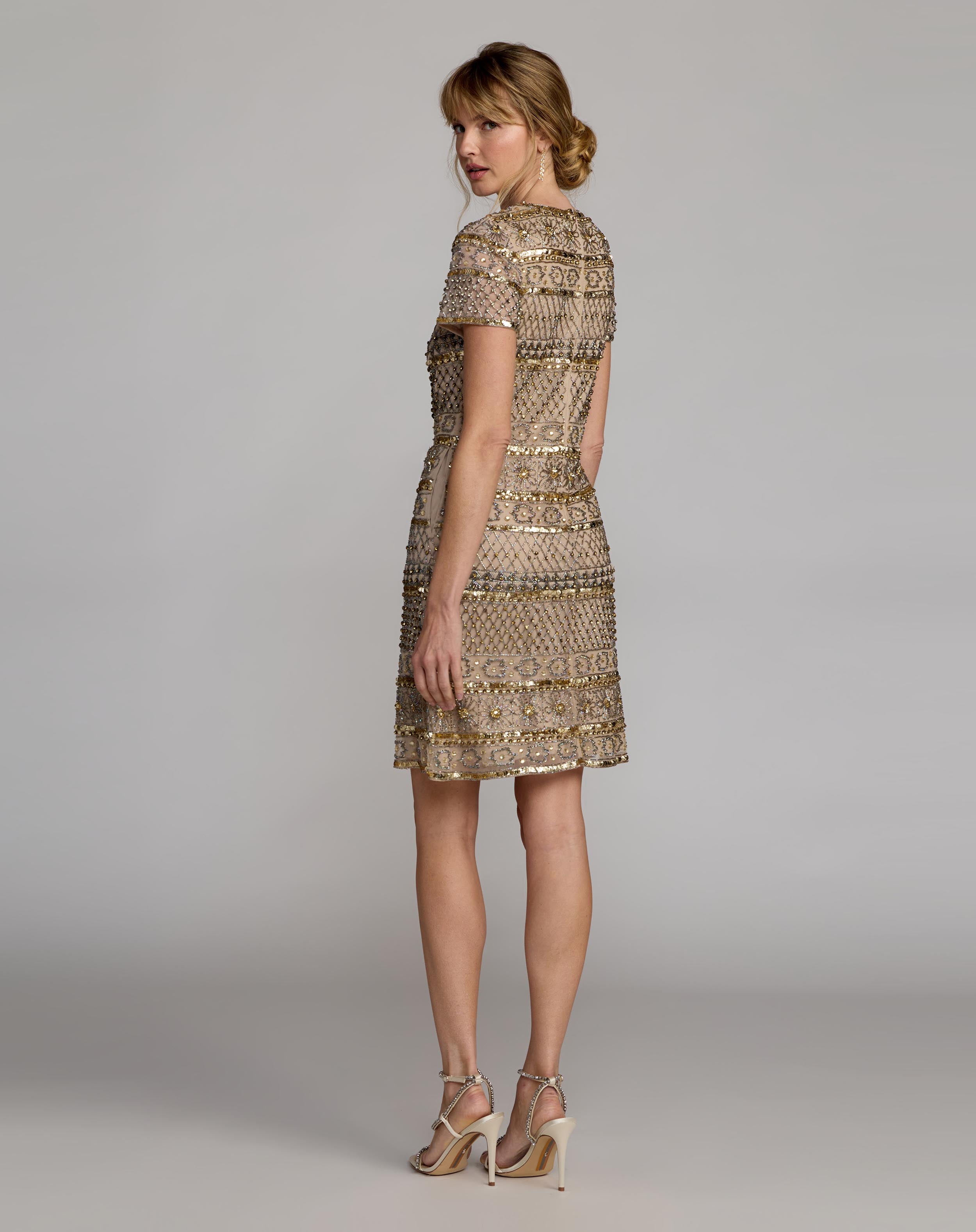 Gold Short Sleeve Embellished Mini Dress - Mac Duggal
