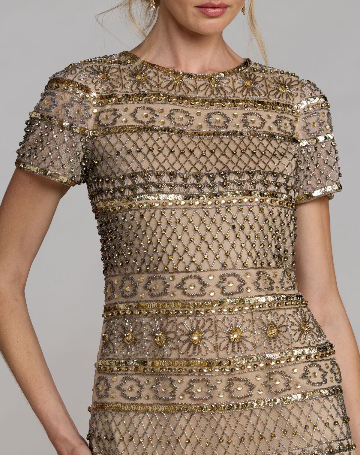 Gold Short Sleeve Embellished Mini Dress - Mac Duggal