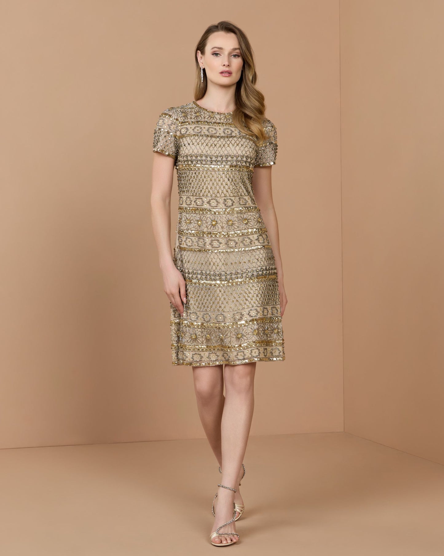 Gold Short Sleeve Embellished Mini Dress - Mac Duggal
