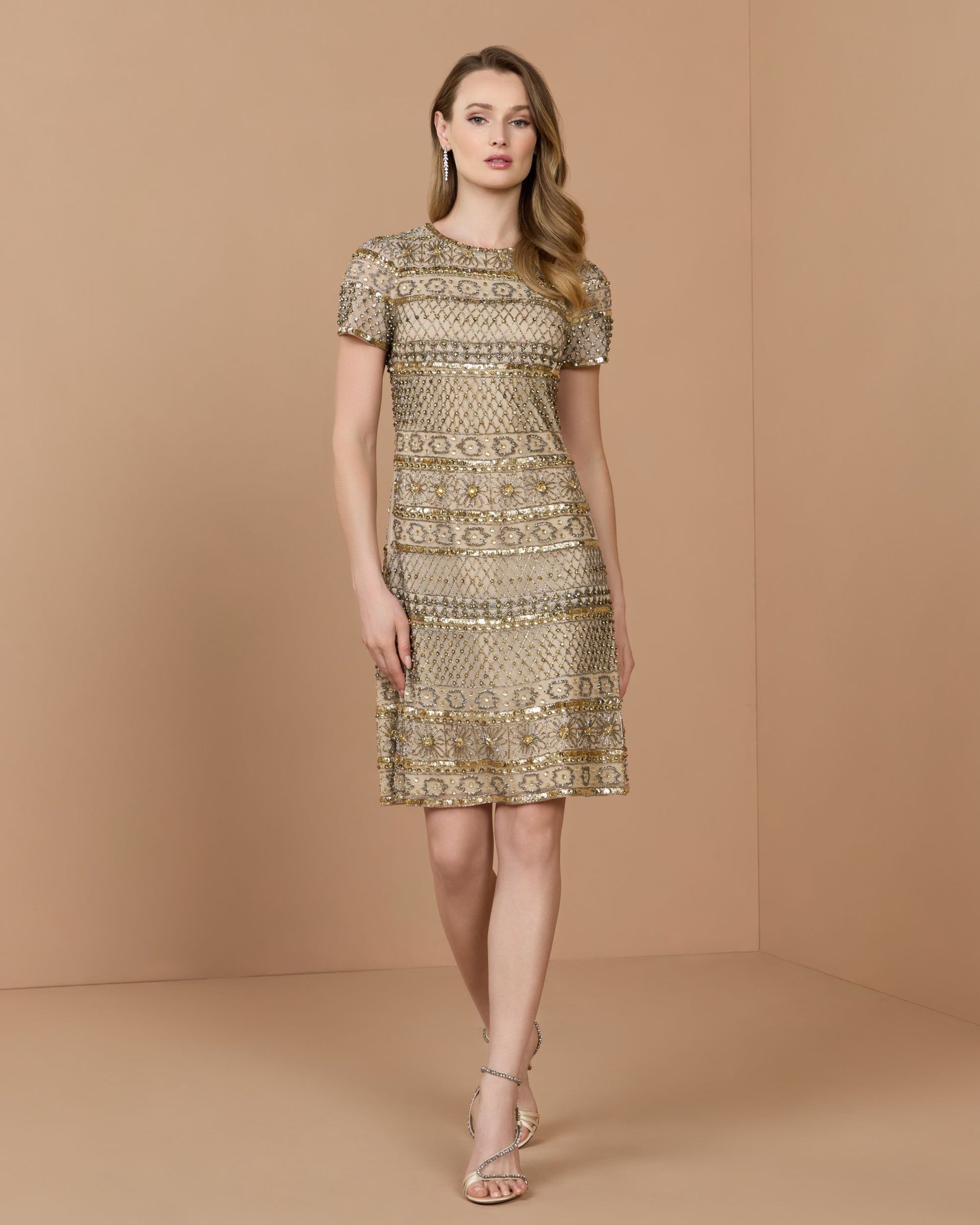 Gold Short Sleeve Embellished Mini Dress | Mac Duggal