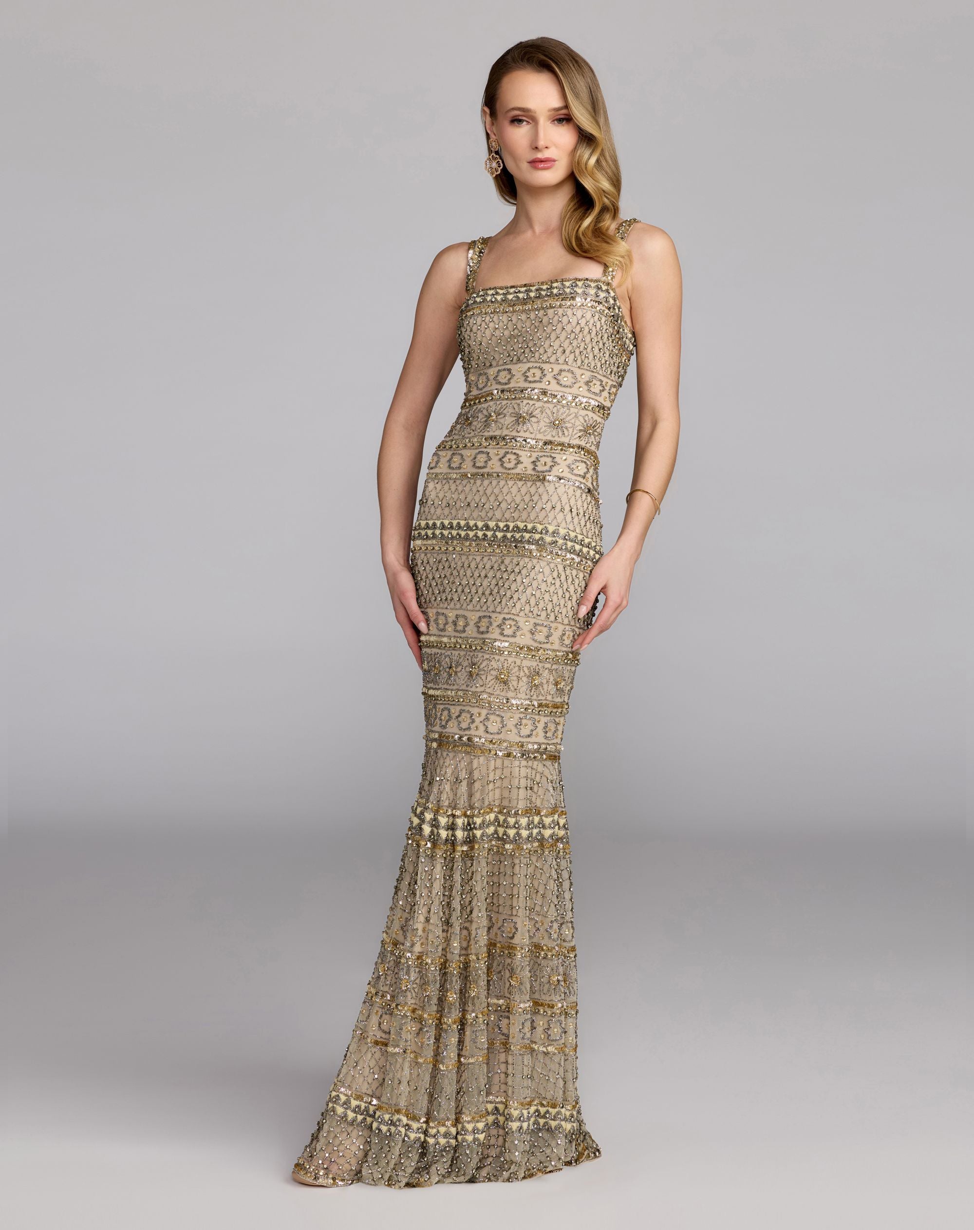 Gold Sleeveless Square Neck Beaded Gown - Mac Duggal