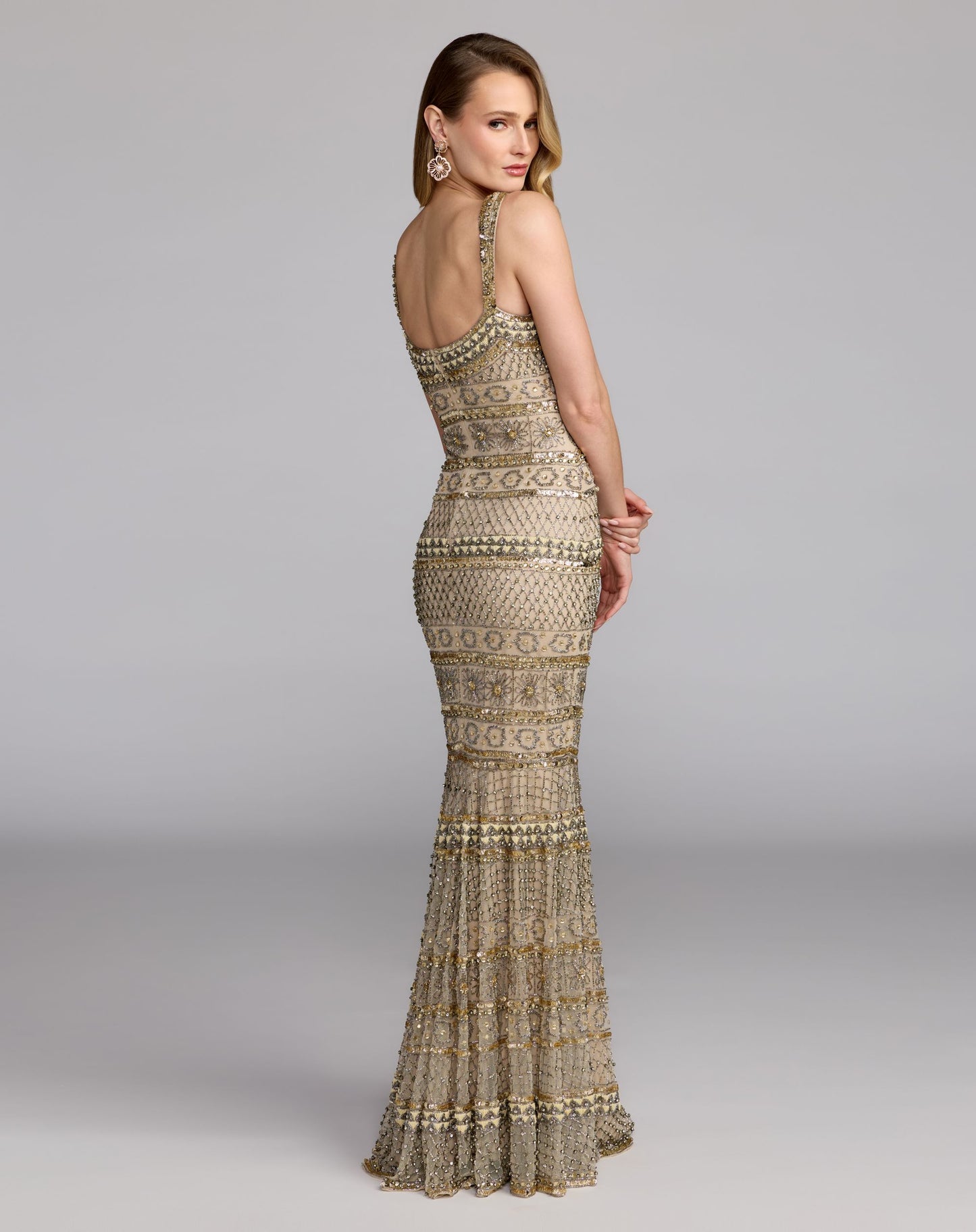 Gold Sleeveless Square Neck Beaded Gown - Mac Duggal