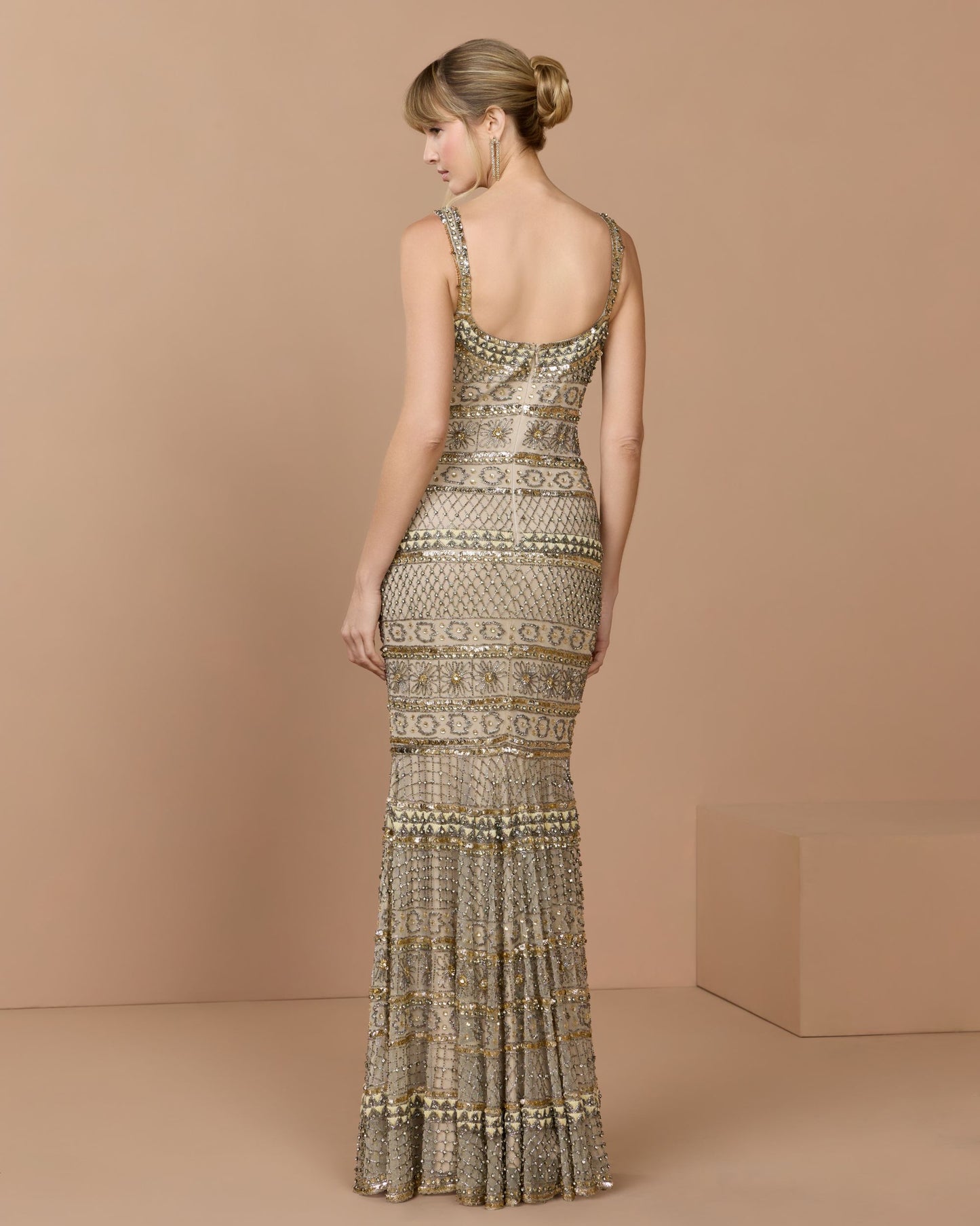 Gold Sleeveless Square Neck Beaded Gown - Mac Duggal