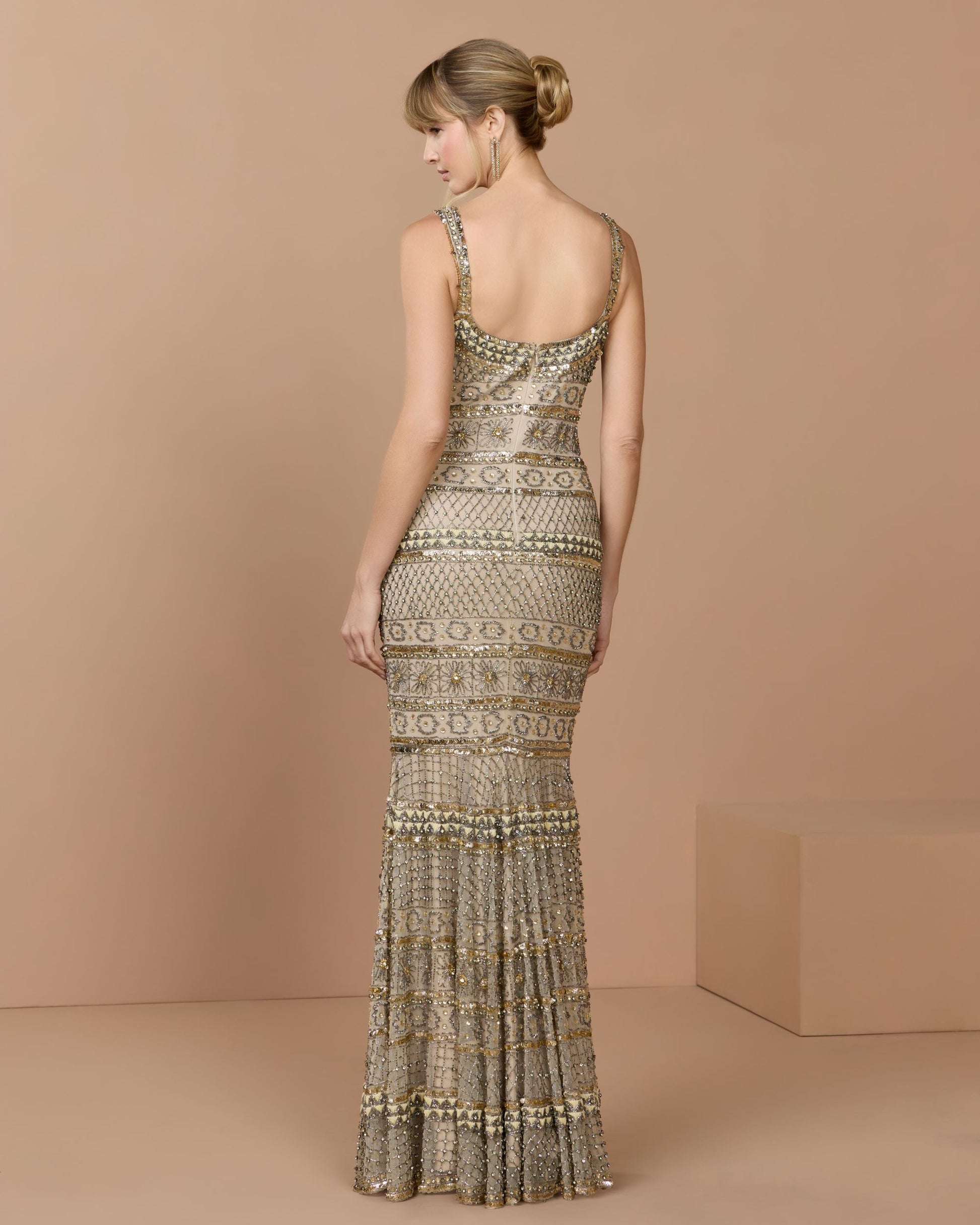 Gold Sleeveless Square Neck Beaded Gown - Mac Duggal