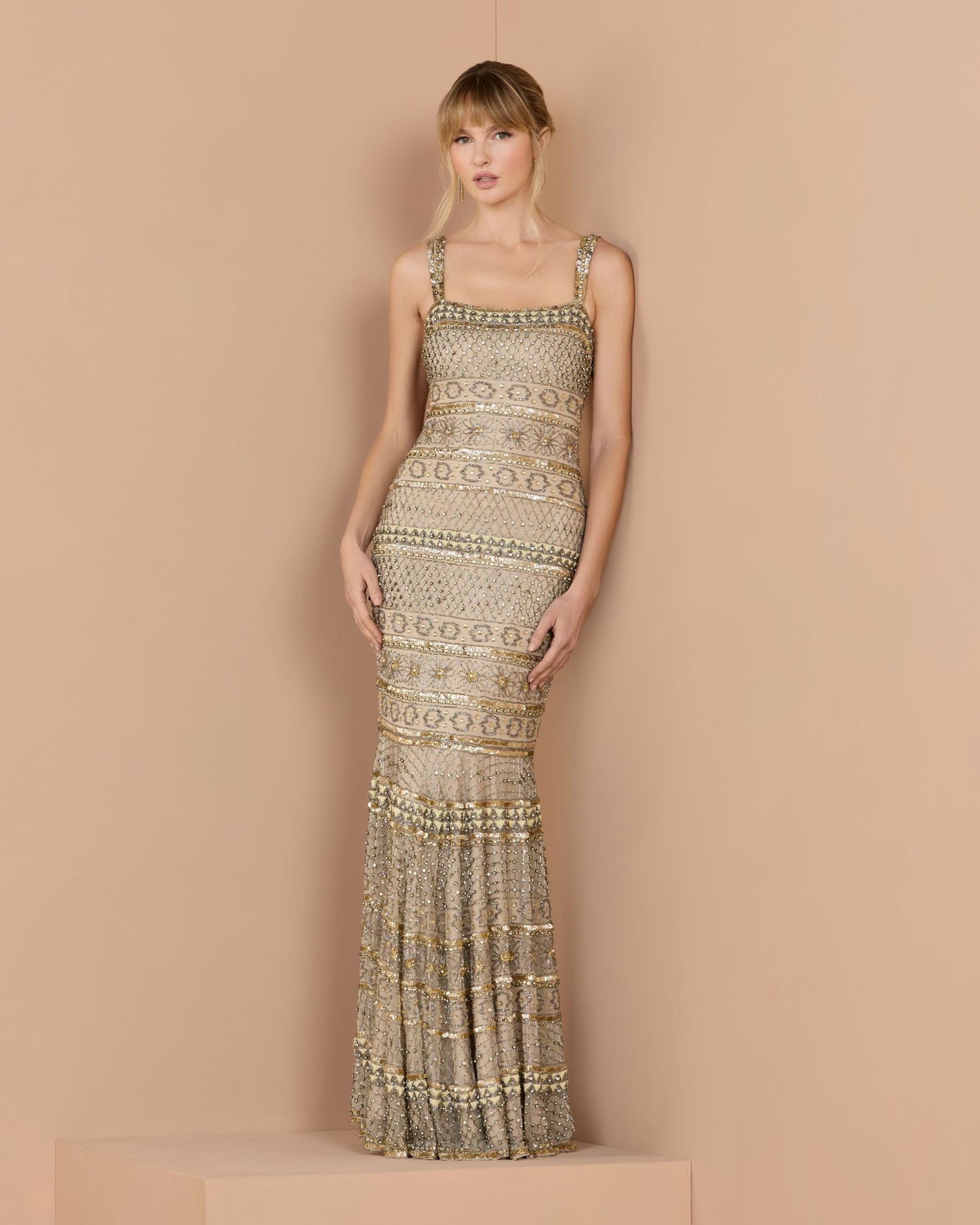 Gold Sleeveless Square Neck Beaded Gown - Mac Duggal