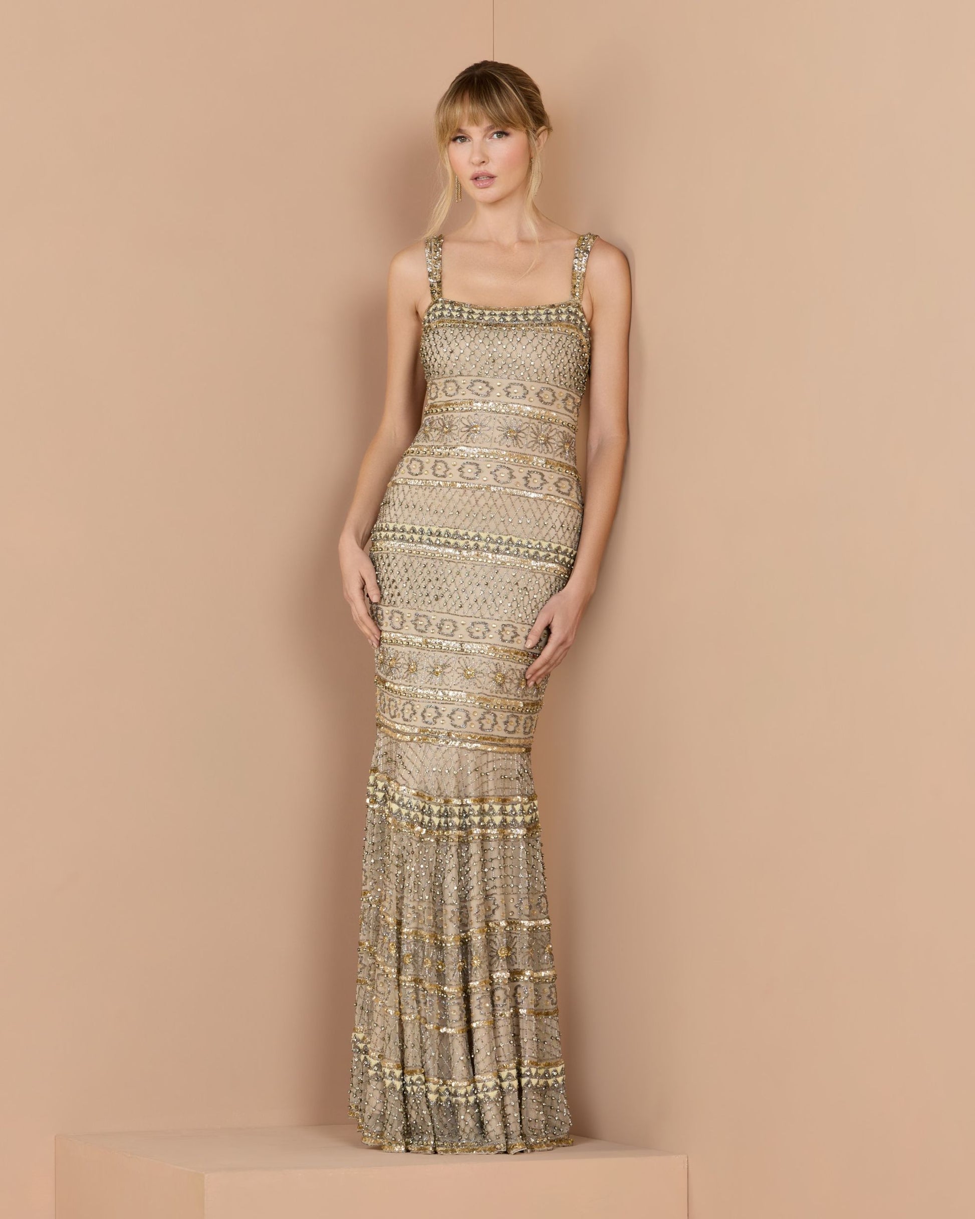 Gold Sleeveless Square Neck Beaded Gown - Mac Duggal
