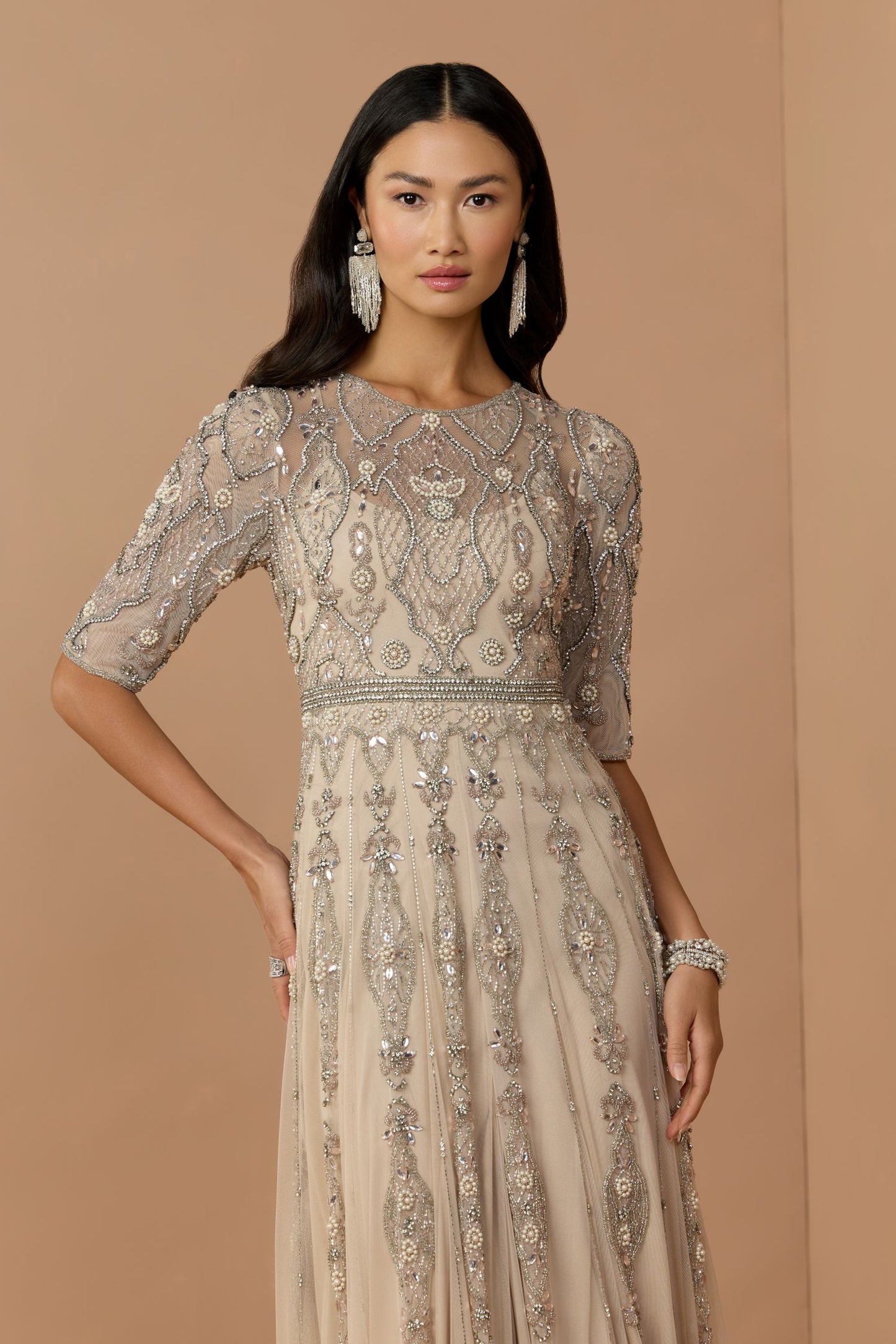 Beige 3/4 Sleeve Embellished A-line Gown