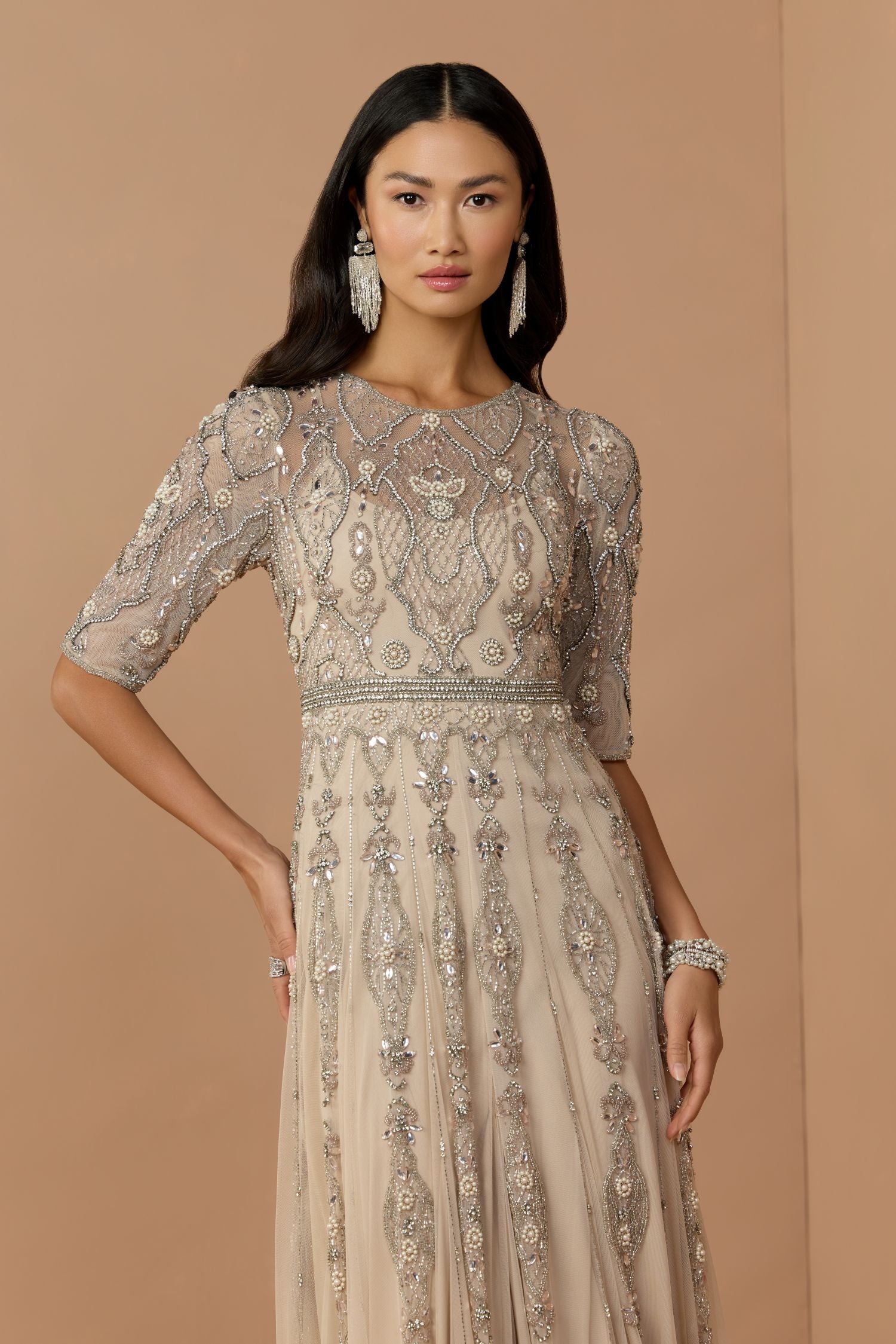 Beige 3/4 Sleeve Embellished A-line Gown