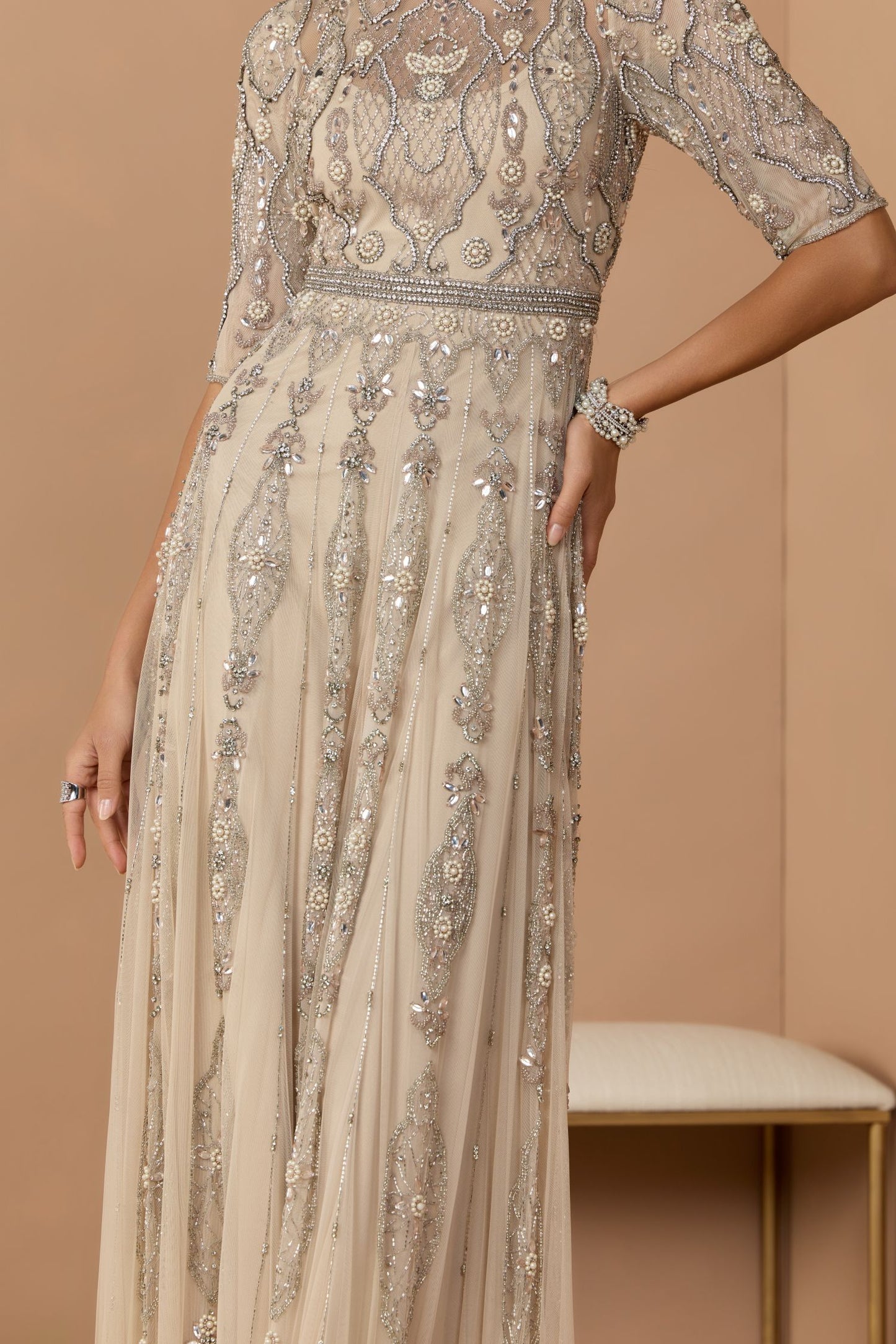 Beige 3/4 Sleeve Embellished A-line Gown
