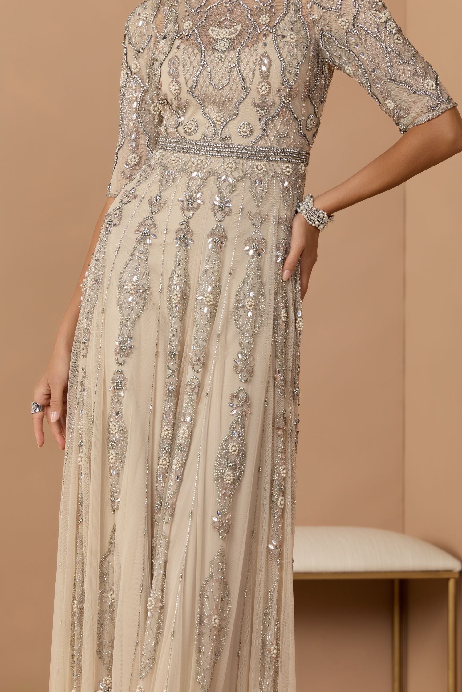 Beige 3/4 Sleeve Embellished A-line Gown