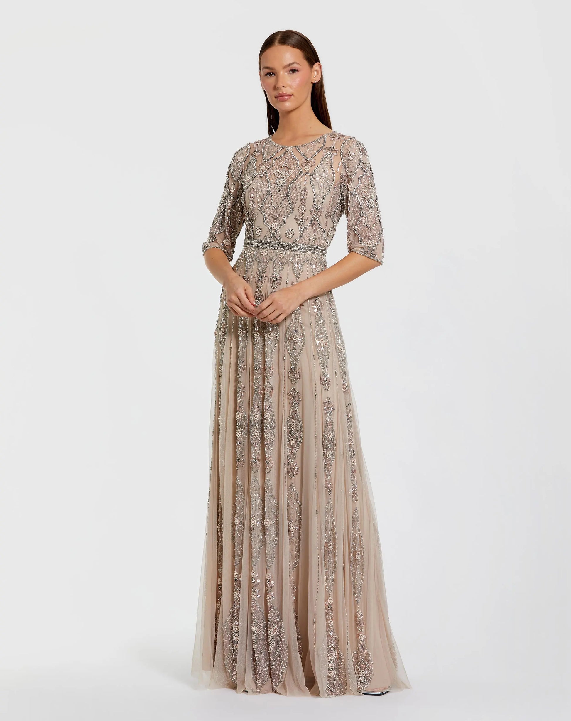 Beige 3/4 Sleeve Embellished A Line Gown - Mac Duggal