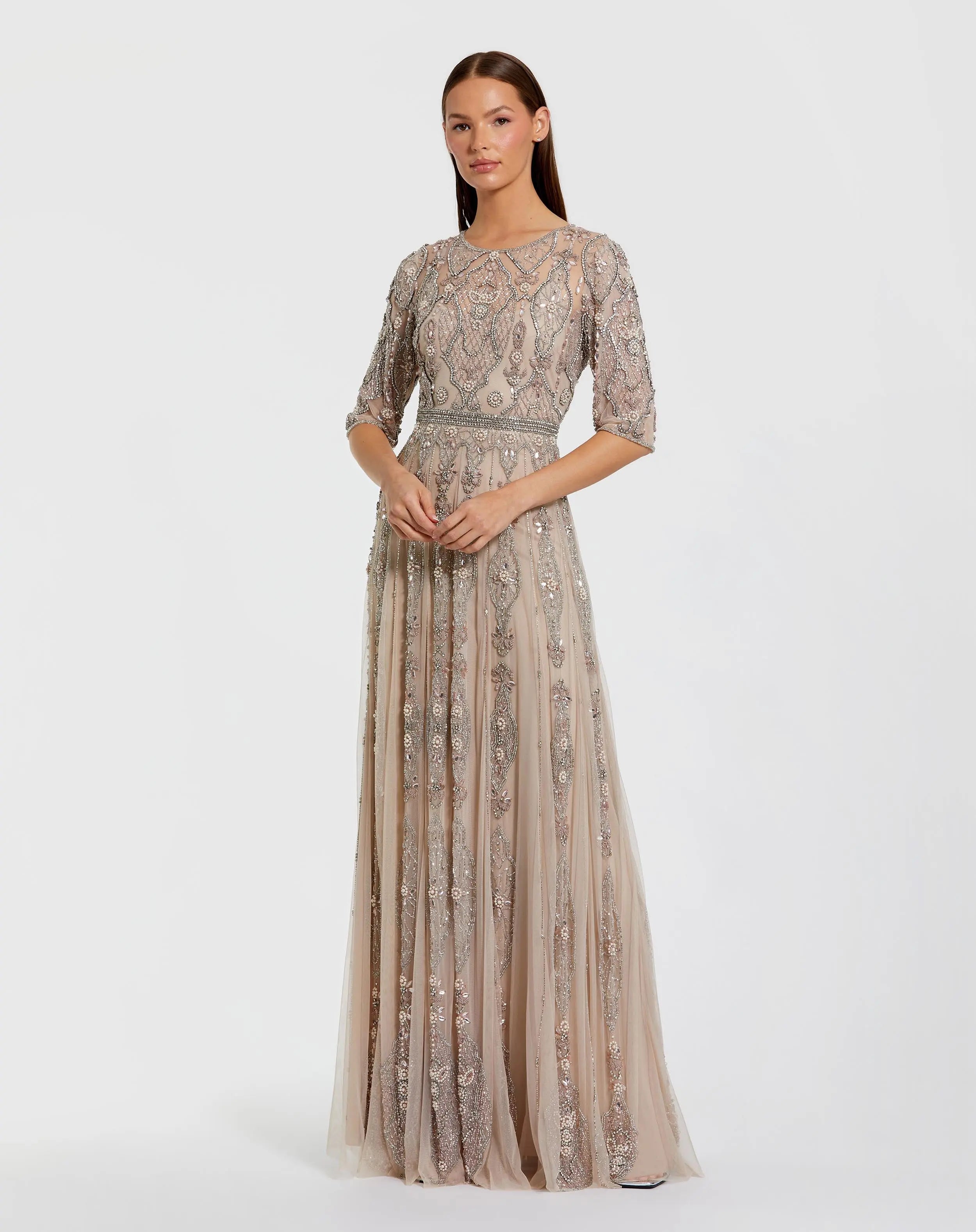 Beige 3/4 Sleeve Embellished A Line Gown - Mac Duggal