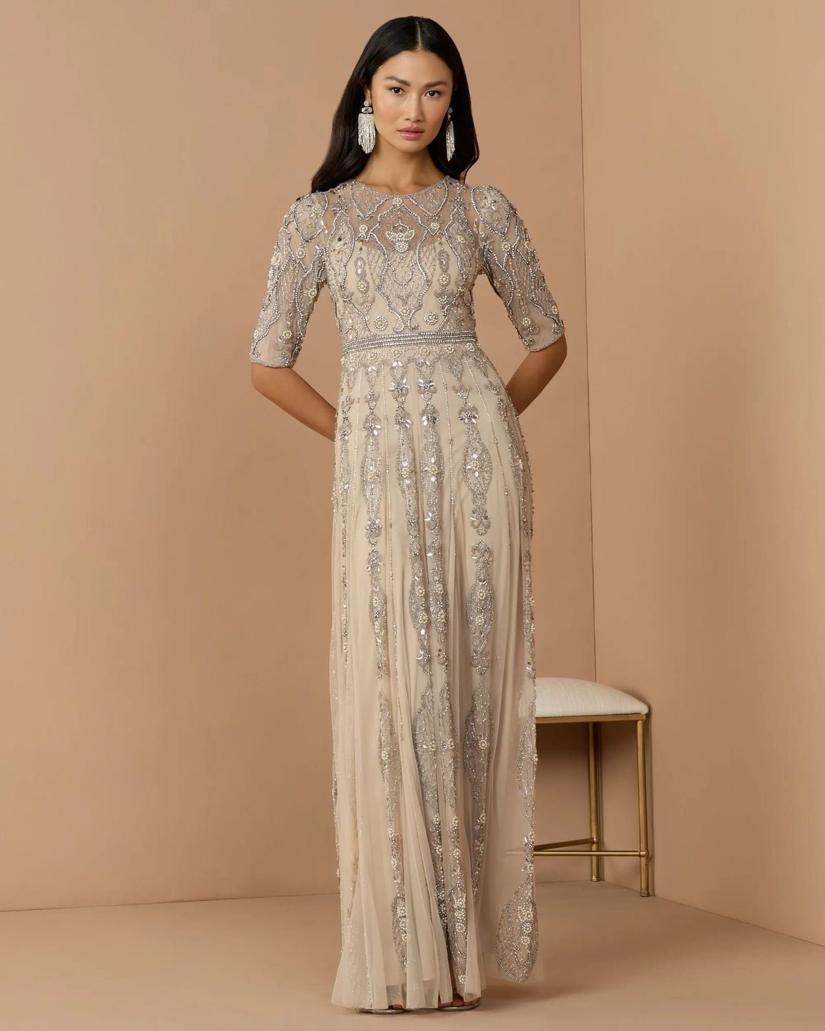 Vintage Lilac 3/4 Sleeve Embellished A-line Gown - Mac Duggal