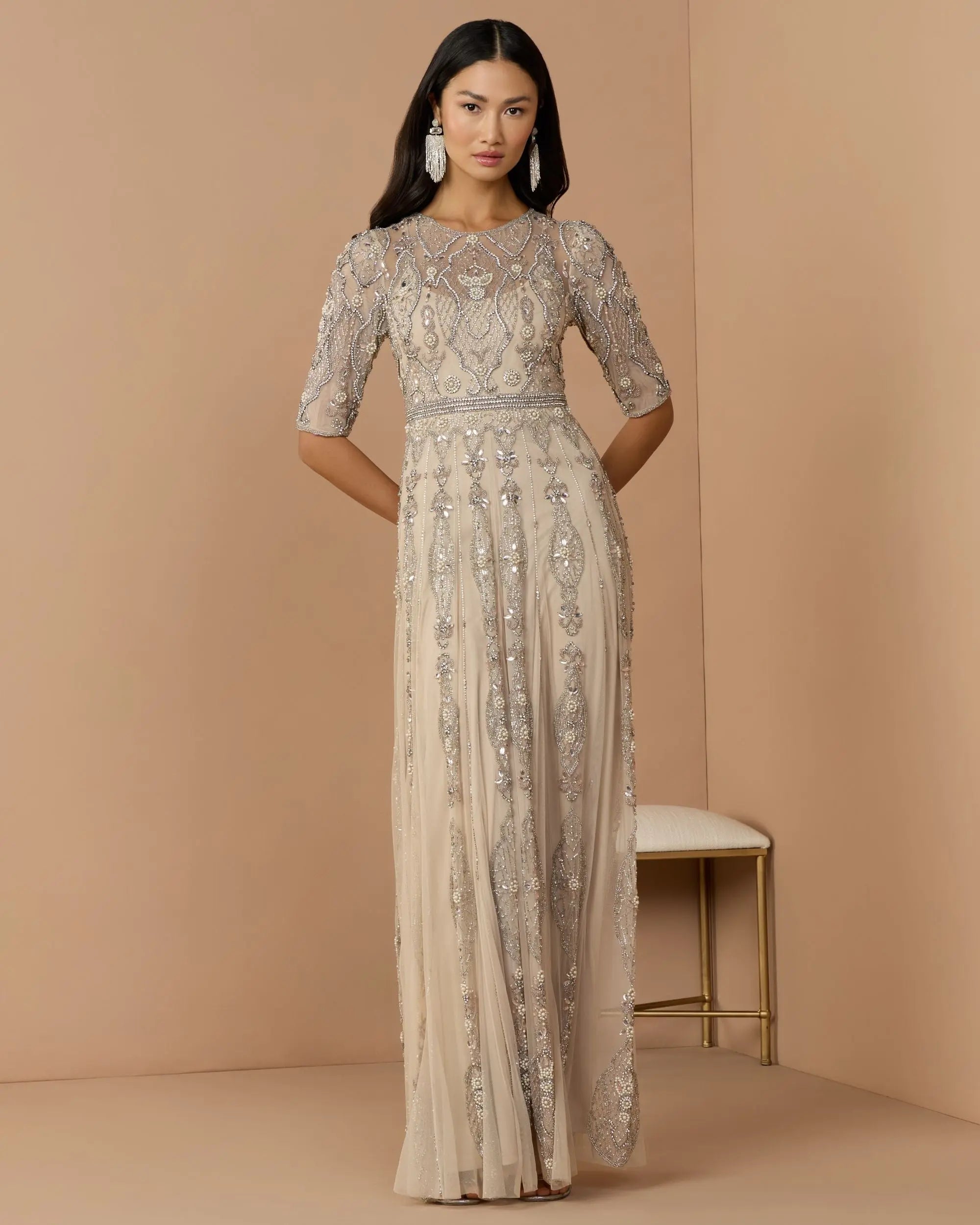 Beige 3/4 Sleeve Embellished A-line Gown Mac Duggal