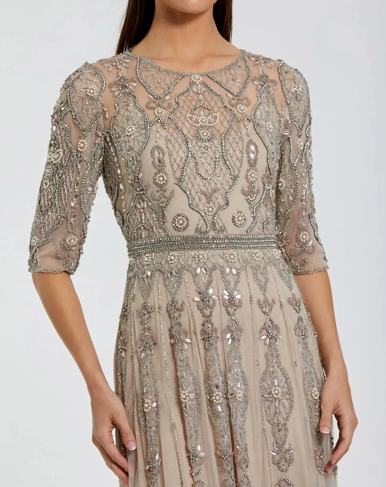 Beige 3/4 Sleeve Embellished A Line Gown - Mac Duggal