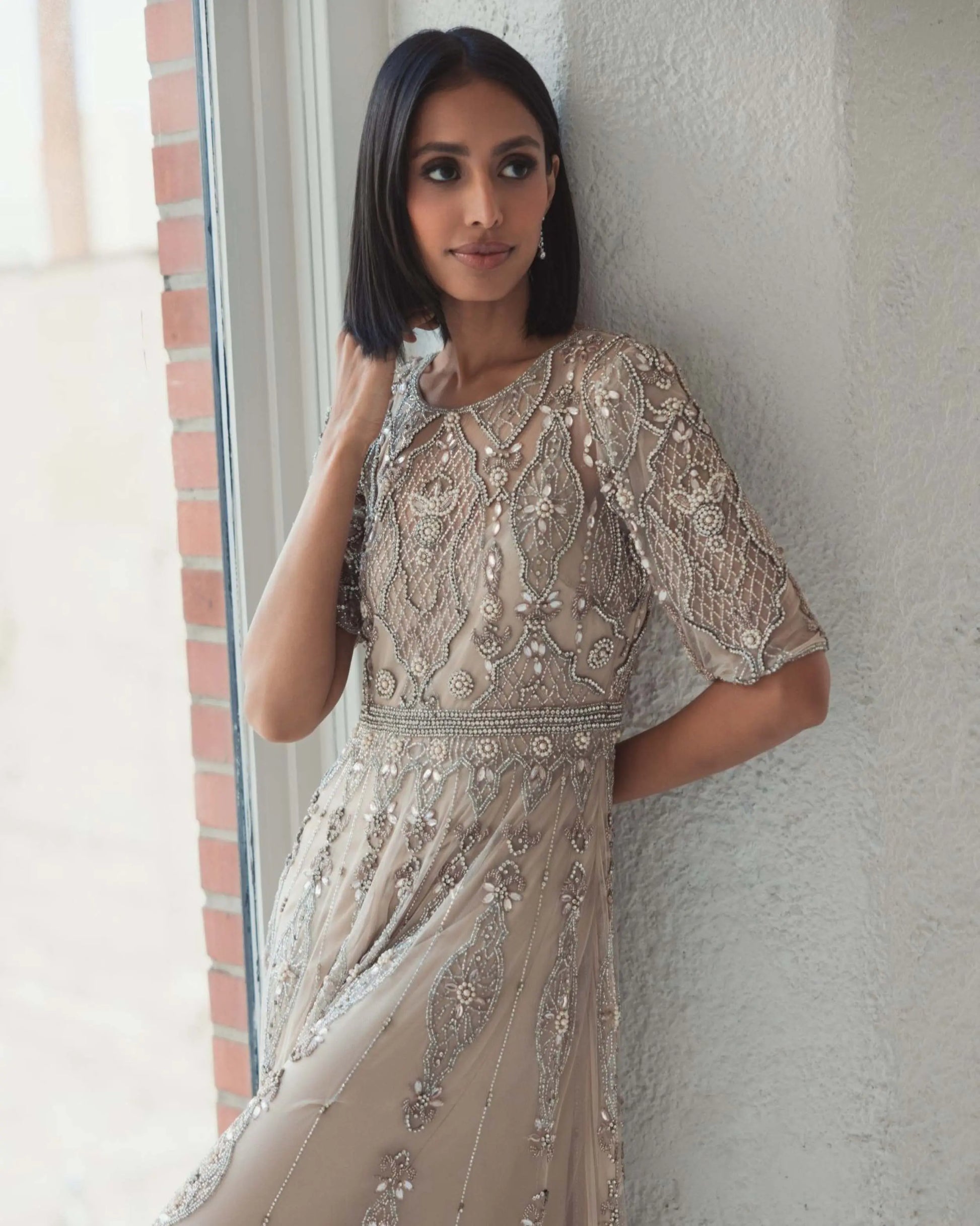 Beige 3/4 Sleeve Embellished A-line Gown | Mac Duggal Beige 3/4 Sleeve Embellished A-line Gown | Mac Duggal