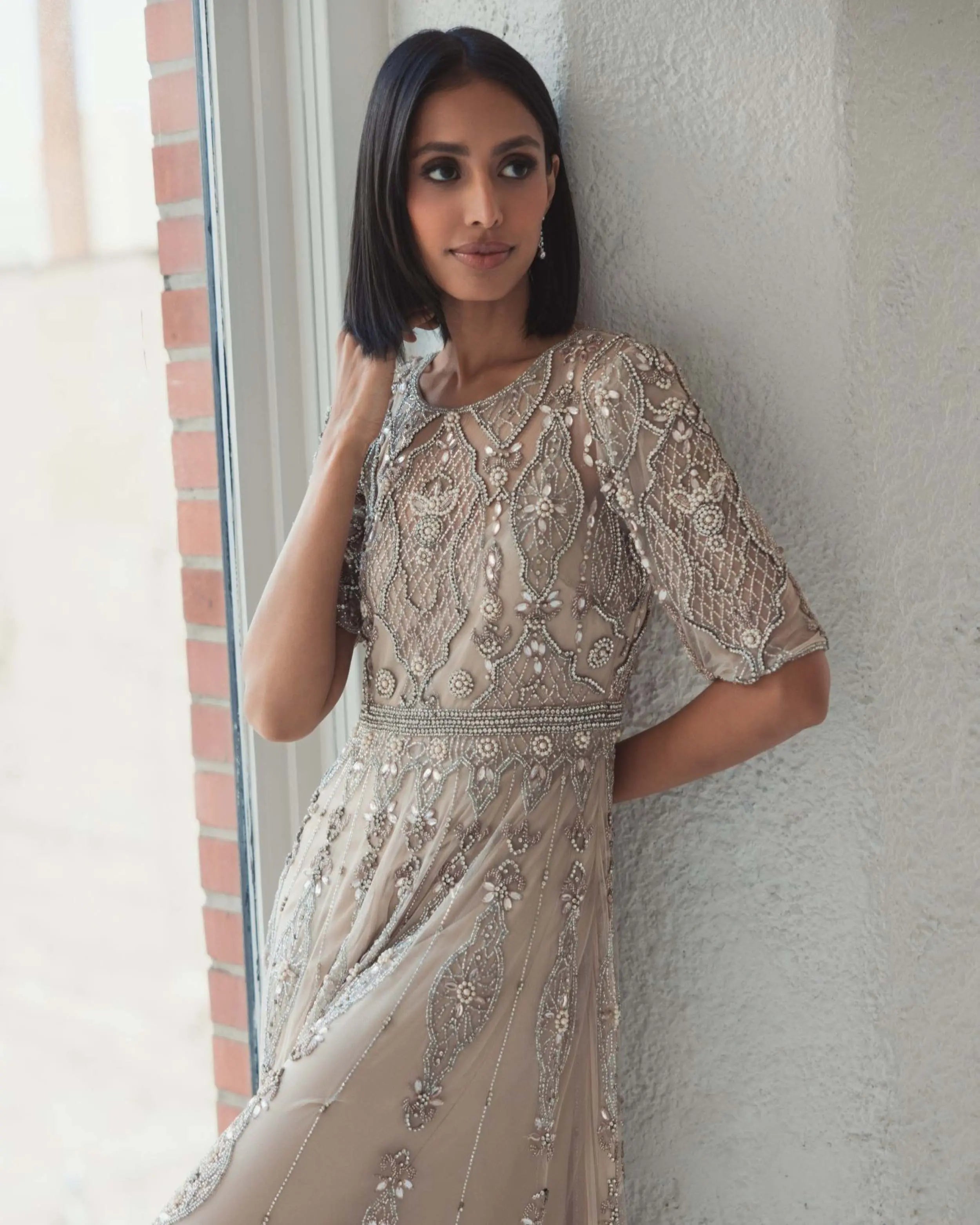 Beige 3/4 Sleeve Embellished A Line Gown - Mac Duggal