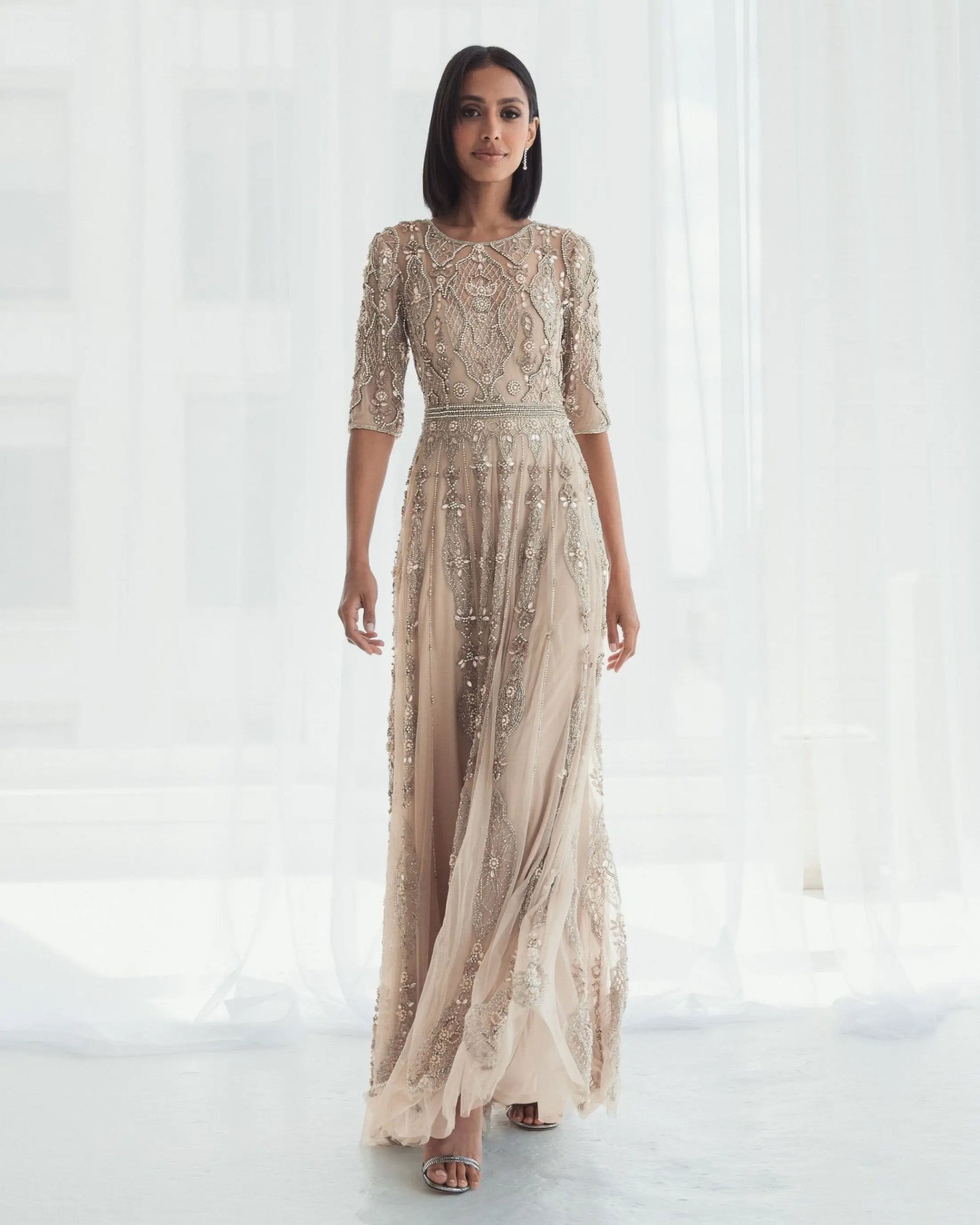 Mac Duggal Collection - Beige 3/4 Sleeve Embellished A-line Gown - Vintage Lilac / US 12 Mac Duggal Collection - Beige 3/4 Sleeve Embellished A-line Gown - Vintage Lilac / US 12