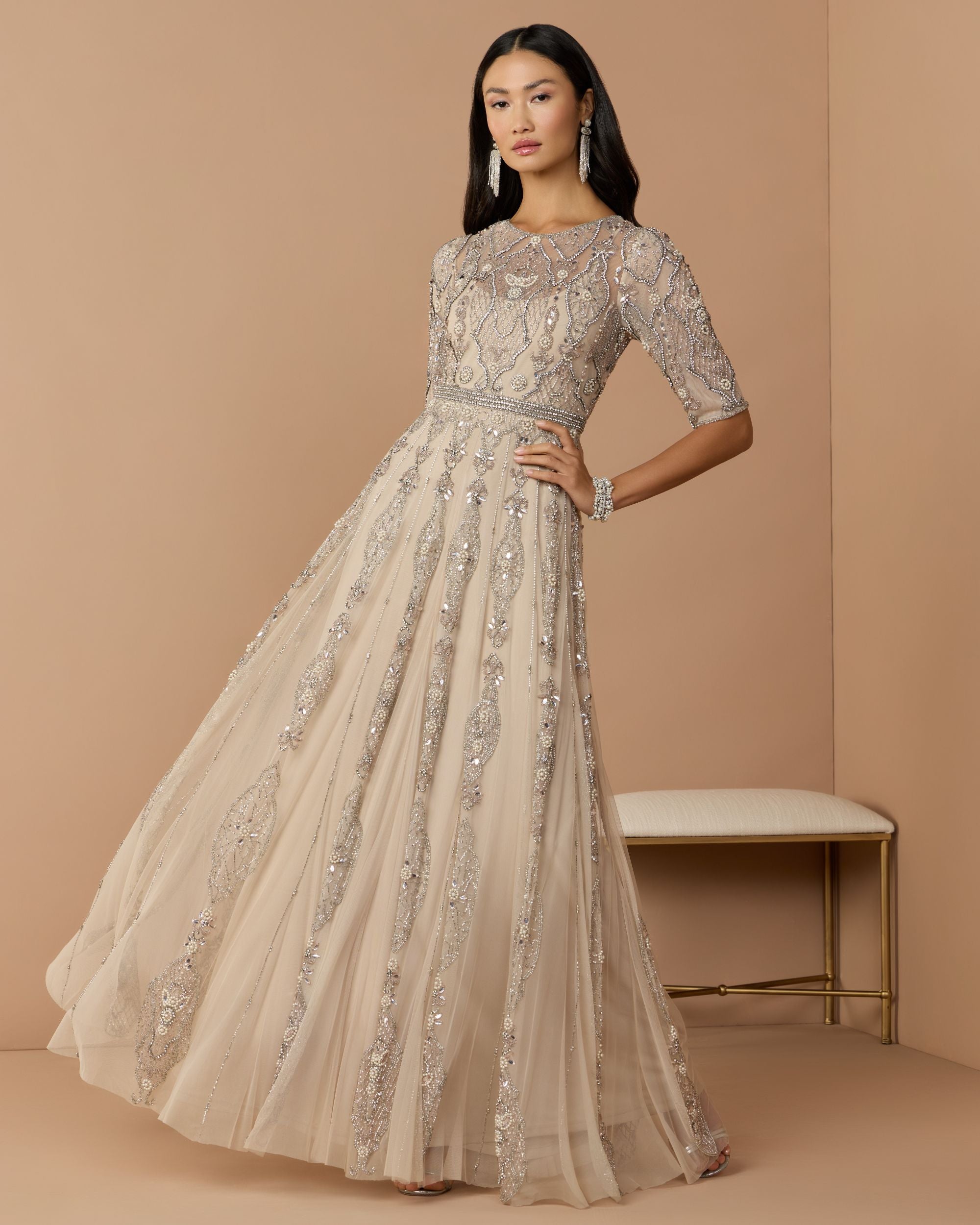 Beige 3/4 Sleeve Embellished A-line Gown