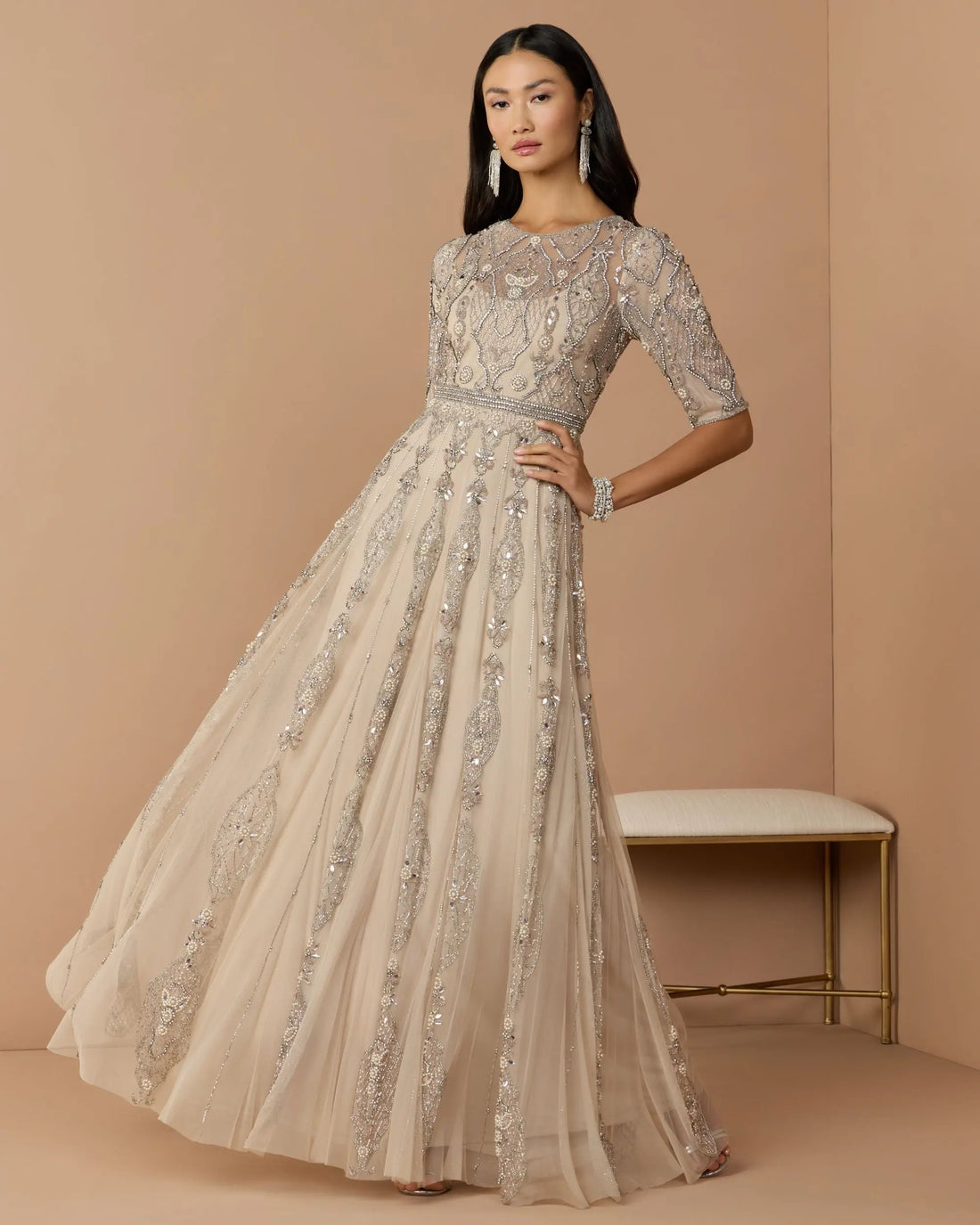 Beige 3/4 Sleeve Embellished A-line Gown Mac Duggal
