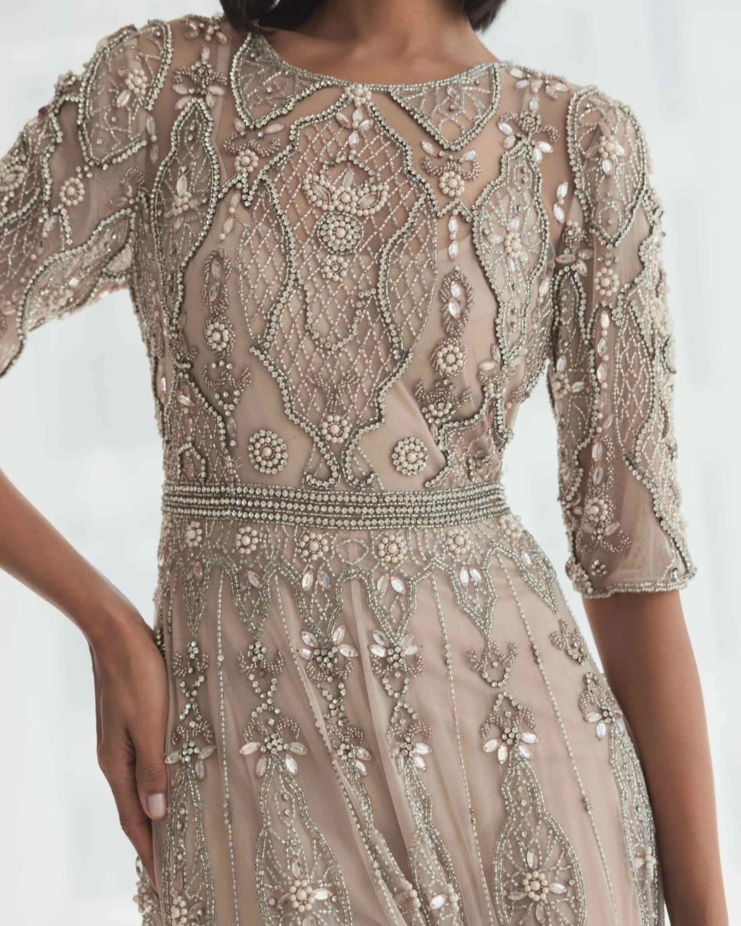 Beige 3/4 Sleeve Embellished A Line Gown - Mac Duggal