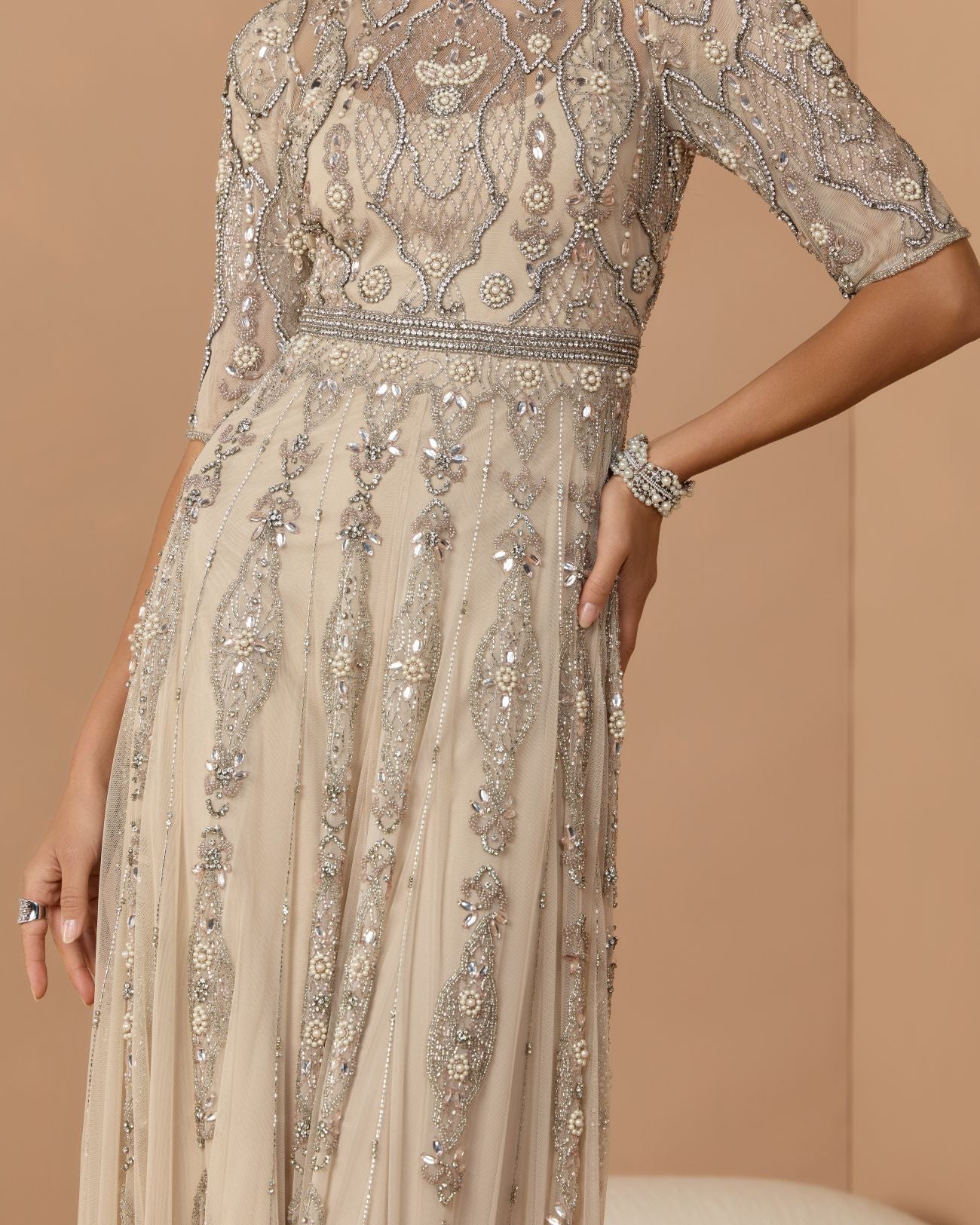 Beige 3/4 Sleeve Embellished A-line Gown