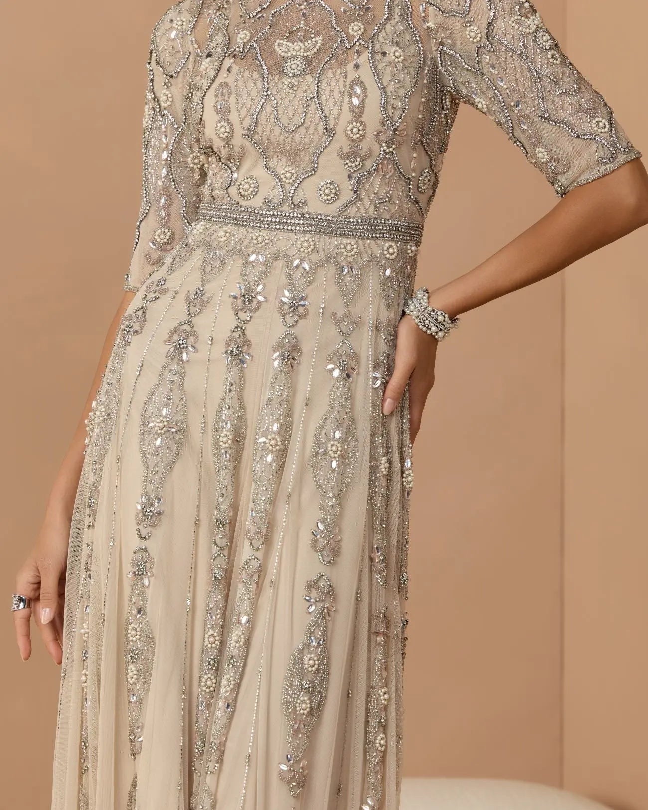 Beige 3/4 Sleeve Embellished A-line Gown Mac Duggal