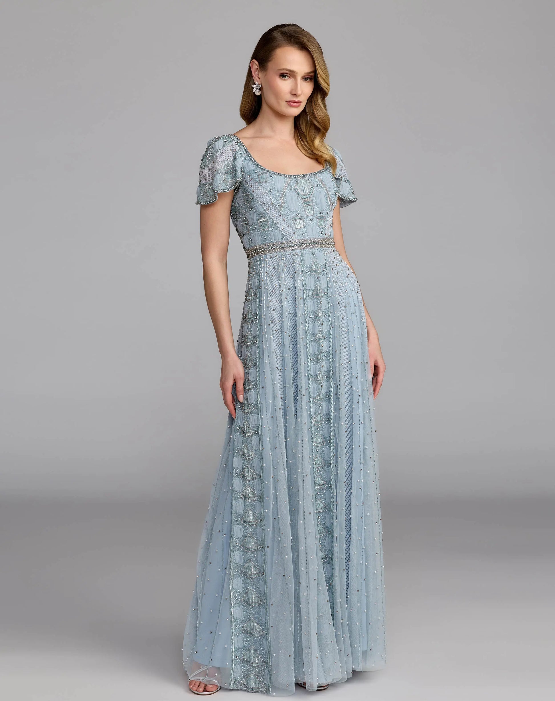 Blue Short Sleeve Scoop Neck Embellished Gown | Mac Duggal Blue Short Sleeve Scoop Neck Embellished Gown | Mac Duggal