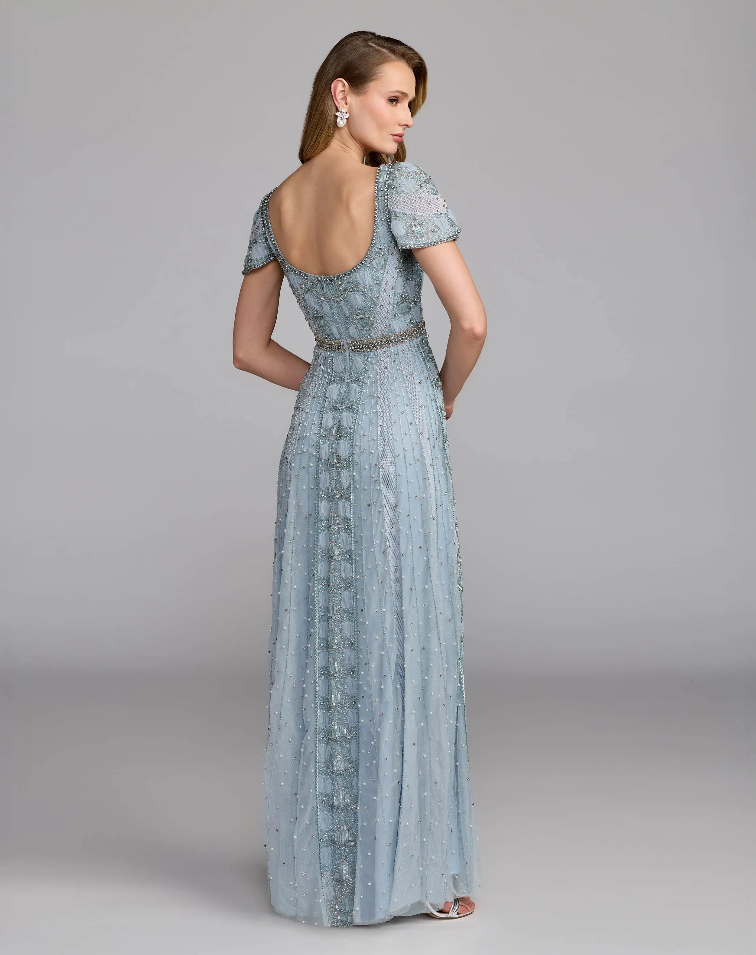 Blue Beaded Short Sleeve Scoop Neck Gown Mac Duggal
