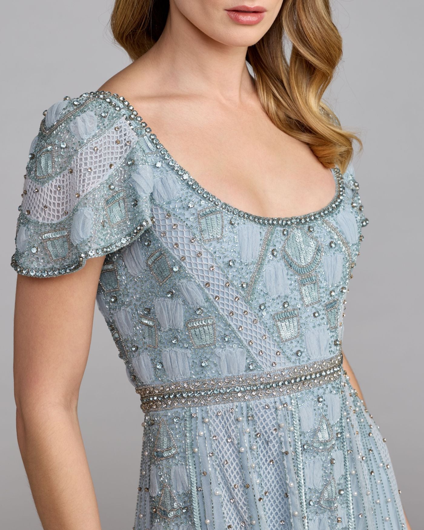 Blue Beaded Short Sleeve Scoop Neck Gown Mac Duggal