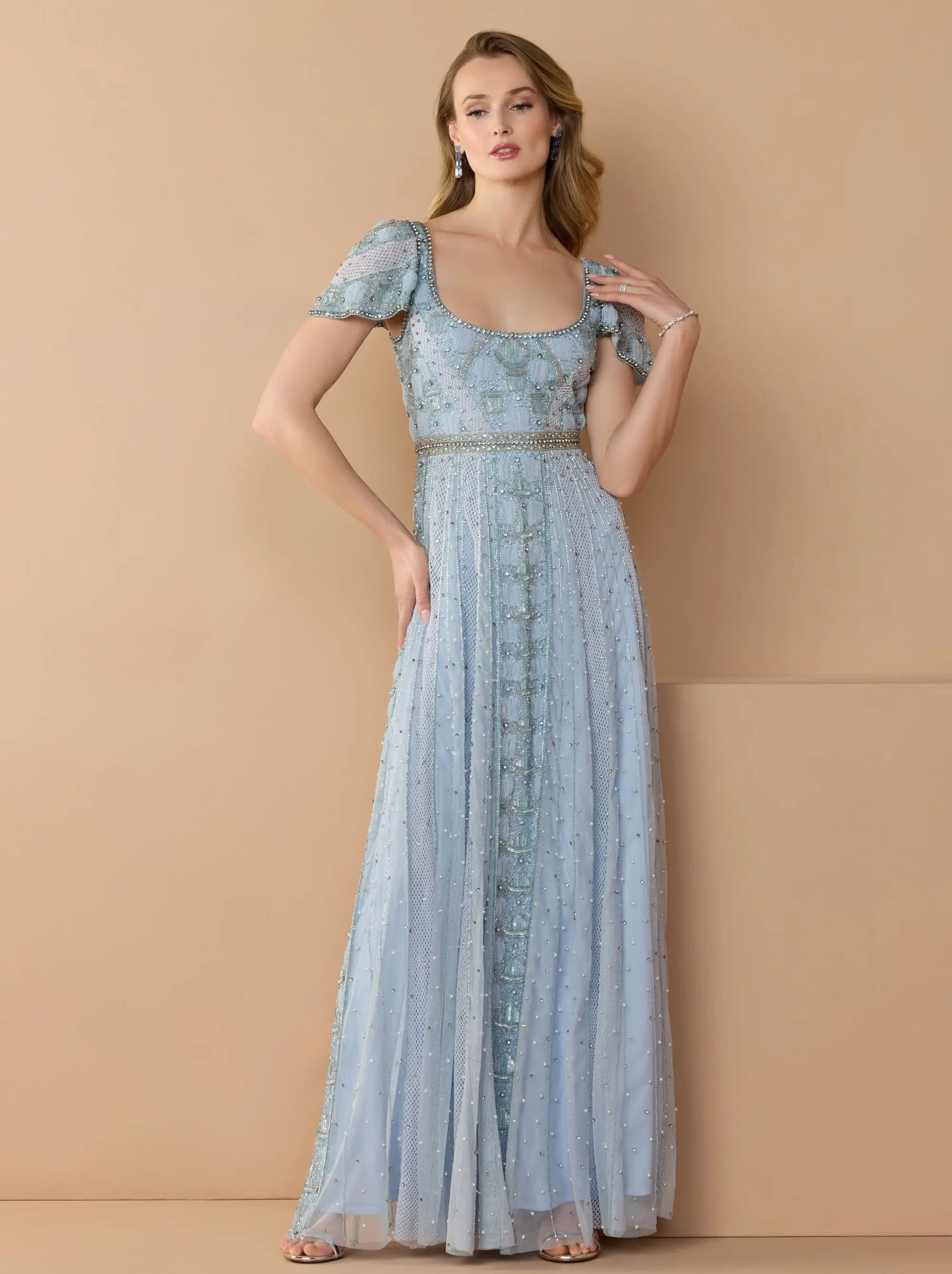 Blue Short Sleeve Scoop Neck Embellished Gown
