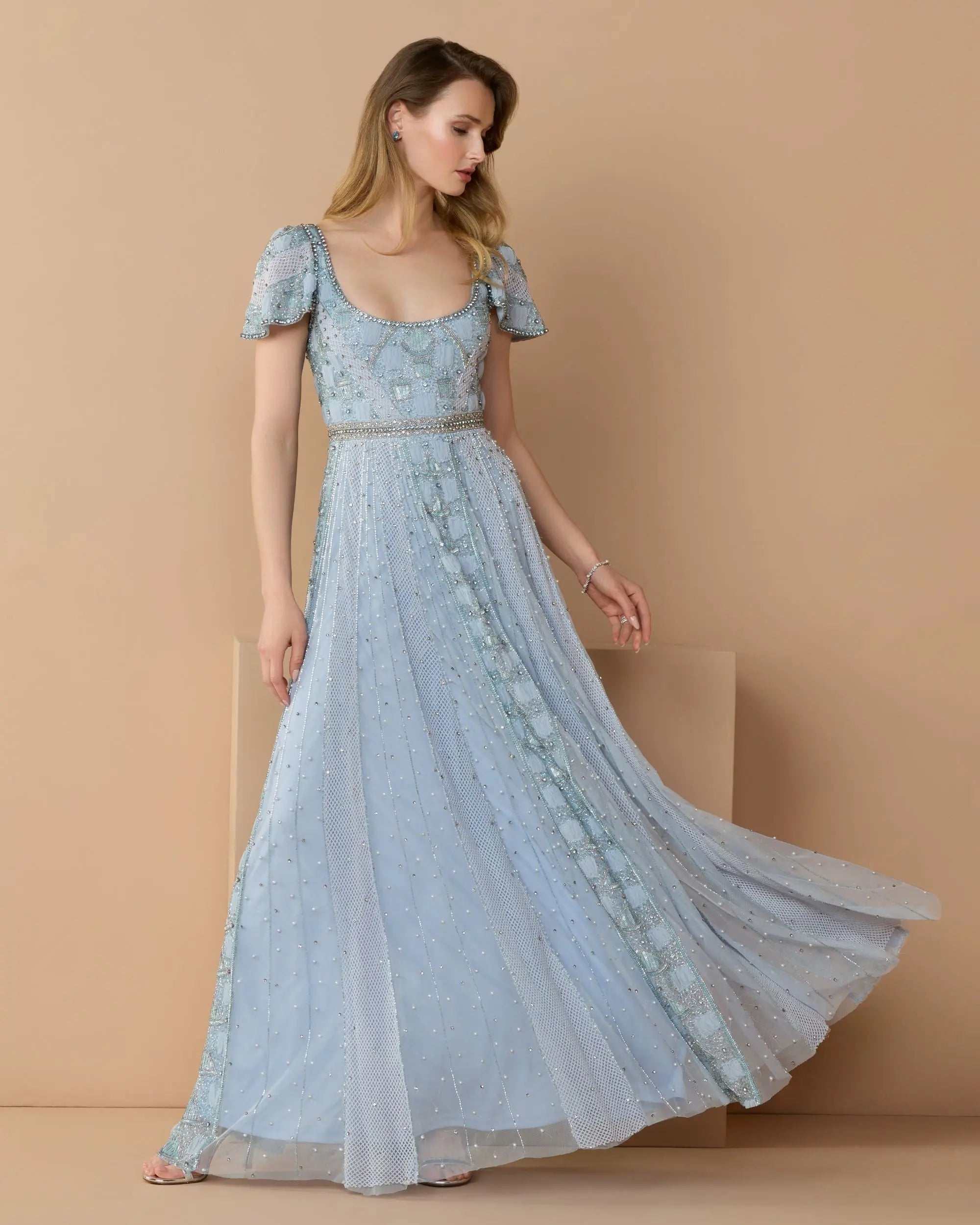 Blue Beaded Short Sleeve Scoop Neck Gown Mac Duggal