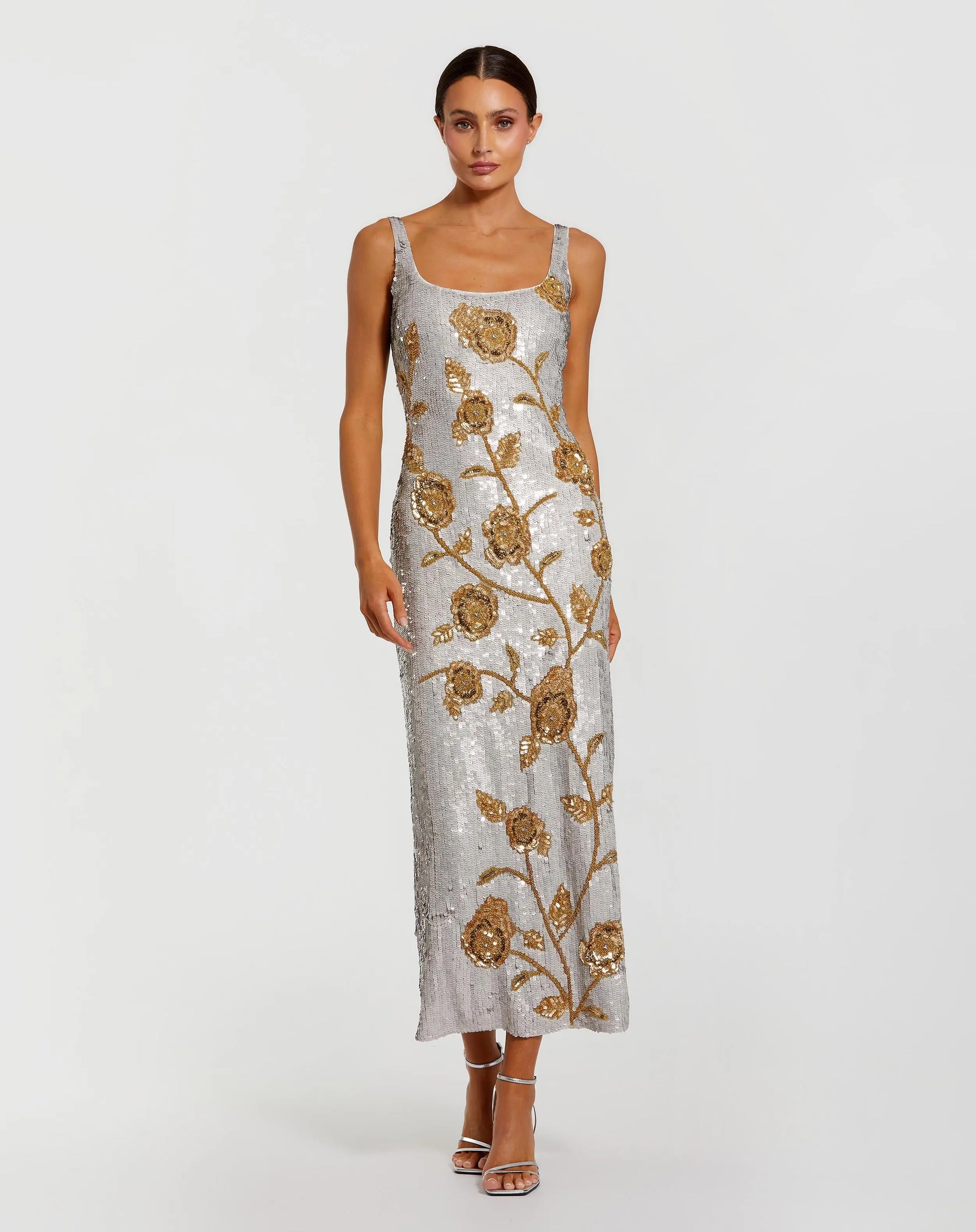 Silver Sleeveless Sequin Dress With Gold Floral Detail | Mac Duggal Silver Sleeveless Sequin Dress With Gold Floral Detail | Mac Duggal
