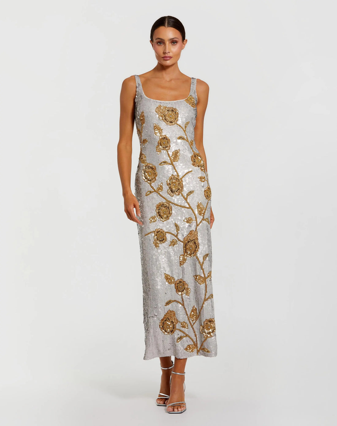 Mac Duggal Women's Cocktail Sequined Floral Mesh Dress - Platinum Gold - Size 8 Mac Duggal Women's Cocktail Sequined Floral Mesh Dress - Platinum Gold - Size 8