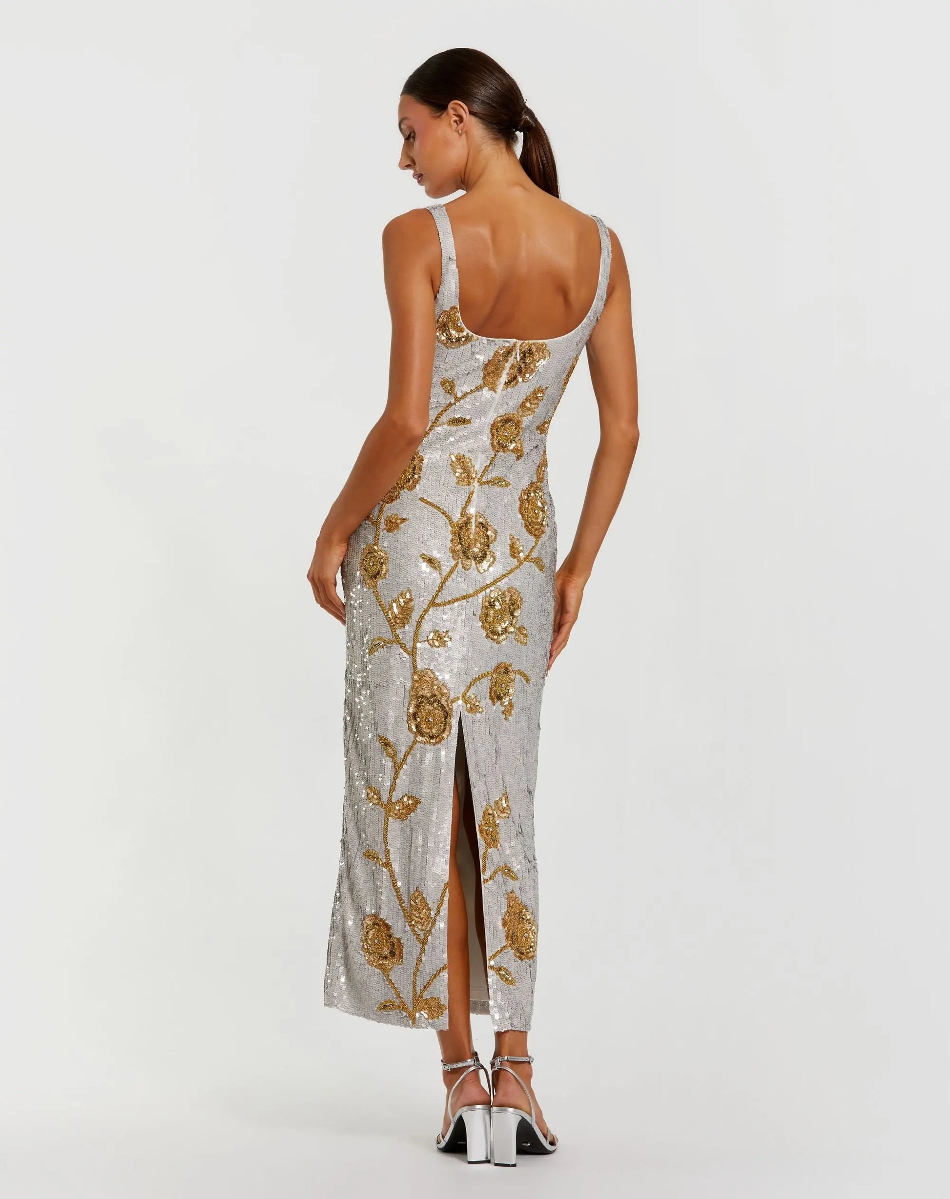 Silver Sleeveless Sequin Dress With Gold Floral Detail | Mac Duggal Silver Sleeveless Sequin Dress With Gold Floral Detail | Mac Duggal
