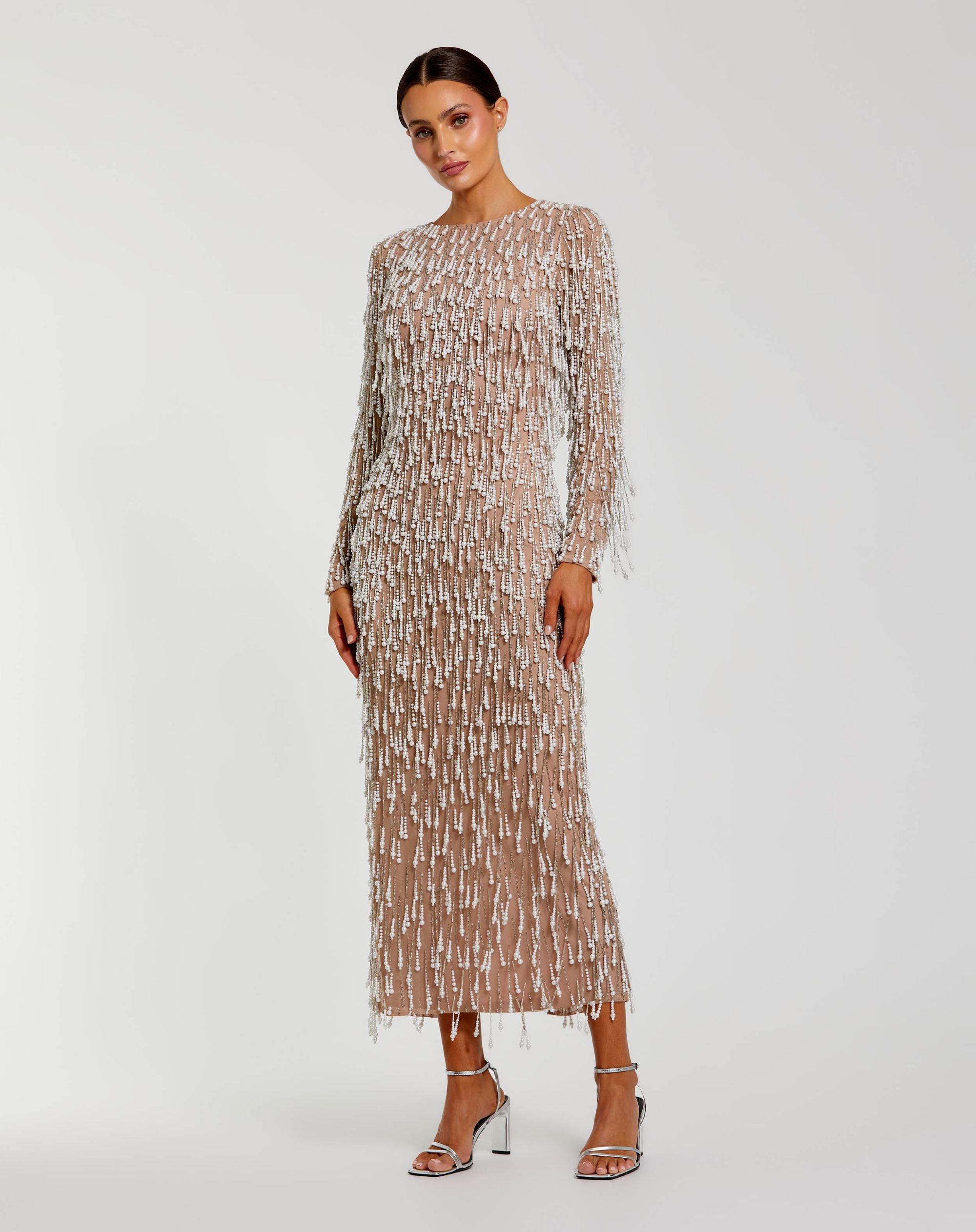 Beige Long Sleeve Midi Dress With Embellished Fringe - Mac Duggal
